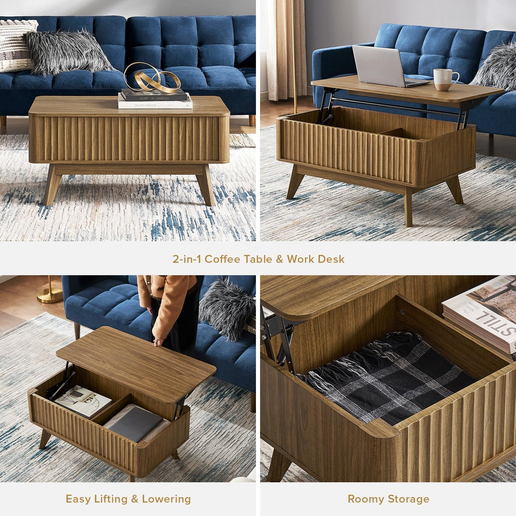 mopio Brooklyn Lift Top Coffee Table for Living Room, Mid Century, Modern Farmhouse with Lifting Tabletop & Hidden Storage, Fluted Panel, Rising Pull Up Dining Table (Walnut)