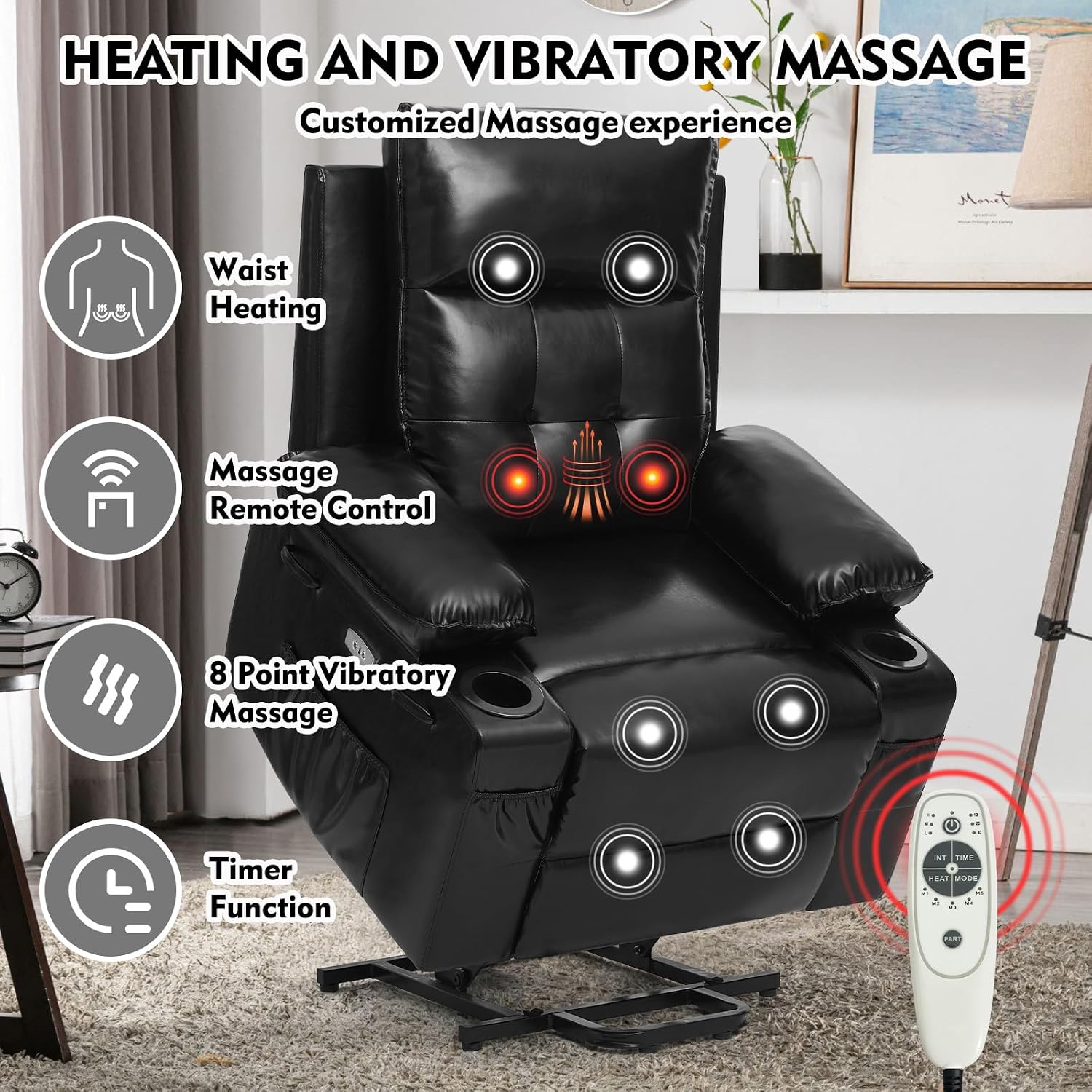 Polar Aurora Power Lift Chair for Elderly,Electric Recliner Chair with Vibrating Massage & Heating,Living Room Chair with Thickened armrest,USB Ports,2 Cup Holders