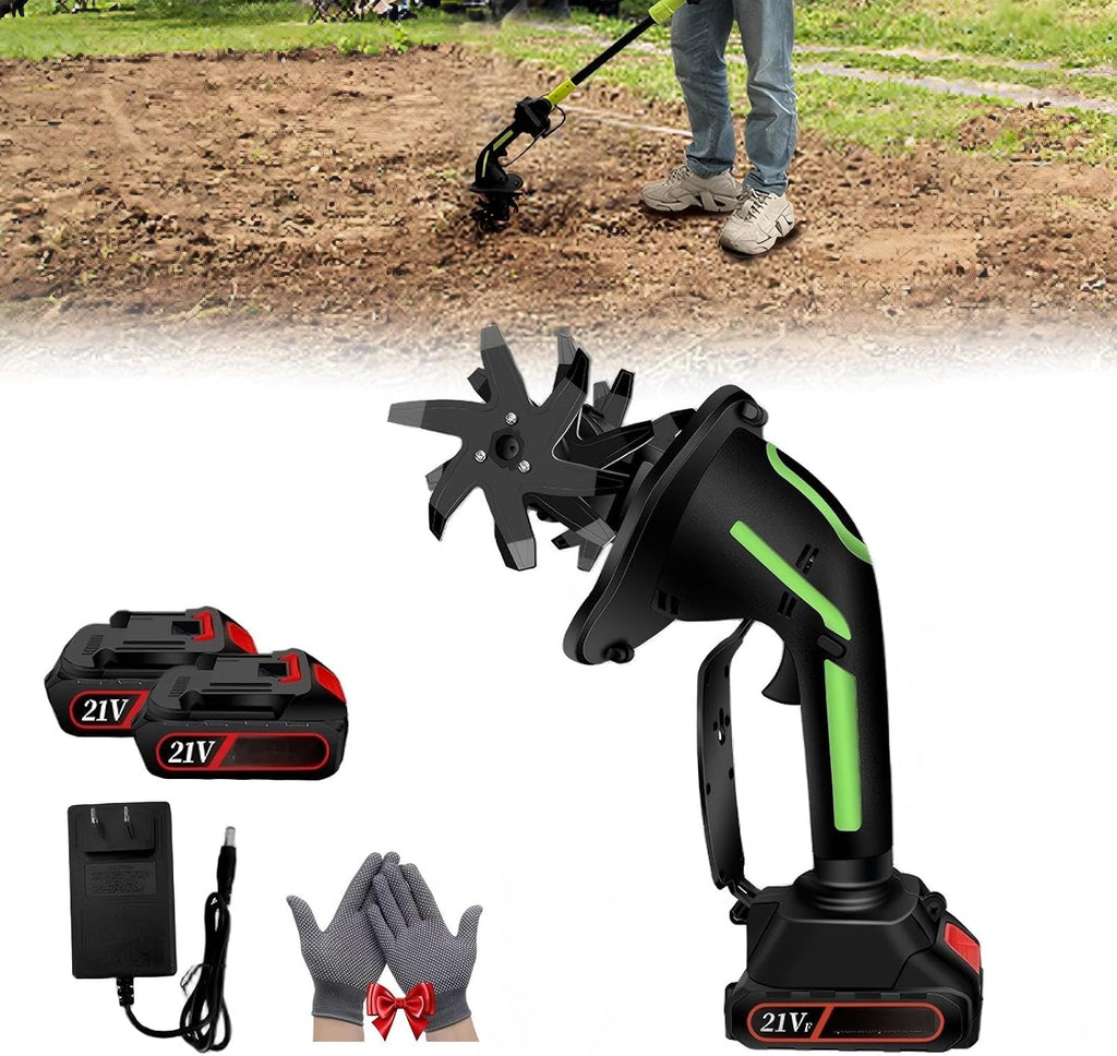 2 in 1 Cordless Tiller and Cultivator with Extension Pole, 20V Lightweight Handheld Battery Tiller Cultivator for Garden, Flower Beds, Weeding, Trenching, Battery Included (2 Battery)