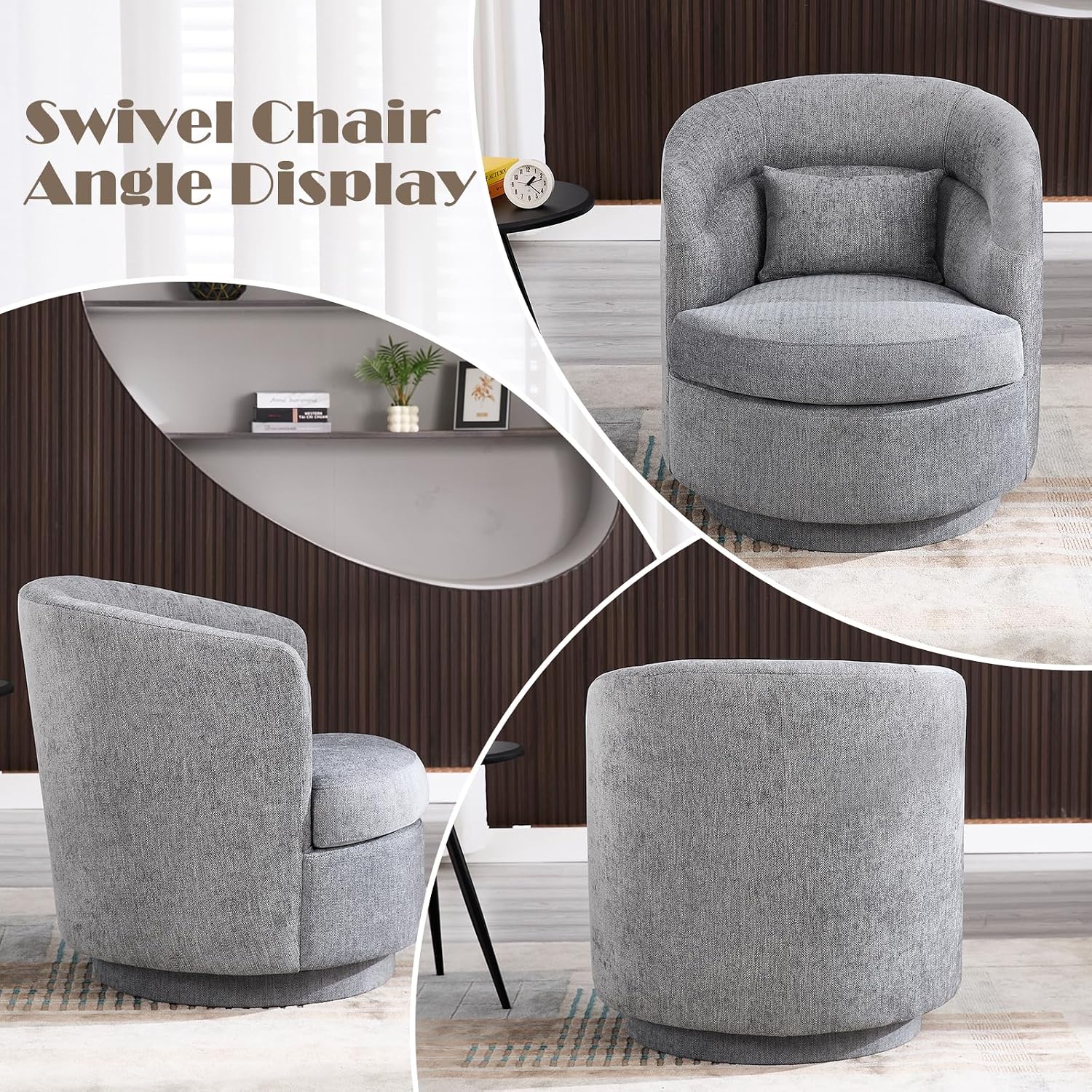 CANMOV Swivel Accent Chair, 360 Degree Round Swivel Barrel Chair with Pillow, Upholstered Comfy Barrel Armchair Single Club Sofa Chair for Living Room,Bedroom, Reading Room, Dark Grey