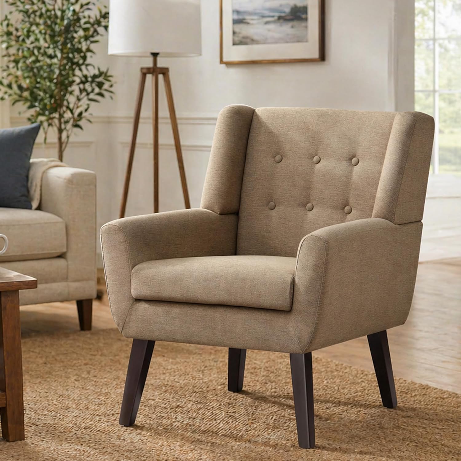 HUIMO Accent Chairs for Living Room,Linen Button-Tufted Upholstered Armchair with Wooden Legs,Comfy Mid Century Modern Chair for Bedroom Apartment Waiting Room Brown