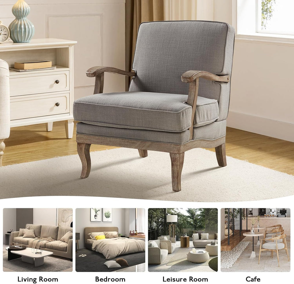 HULALA HOME Mid-Century Modern Accent Chair, Upholstered Lounge Arm Chair with Solid Wood Legs and Armrest, Removable Cushion Comfy Retro Reading Armchair for Living Room, Bedroom, Balcony, Grey