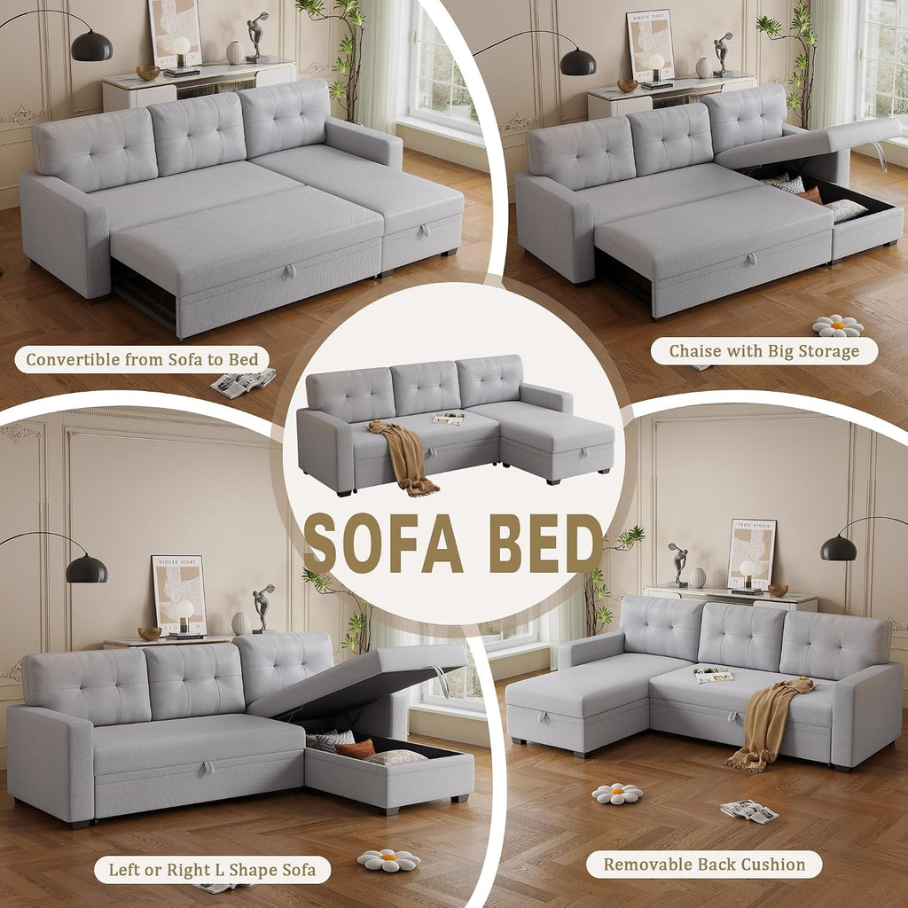 82' L-Shape Convertible Sectional Sleeper Sofa with Storage Chaise and Pull-Out Bed,Modular Small Corner Couch Cama Lounge W/Removable Back Cushions & Armrest,for Home Furniture,Light Gray