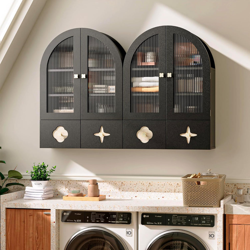 BREEZEHEAT Arched Bathroom Wall Cabinet, Medicine Cabinet Over Toilet Storage w/Fluted Glass Doors & Adjustable Shelf, Wood Hanging Cupboard for Laundry Room, Entryway, Kitchen, Black, 23.6x33.5 Inch