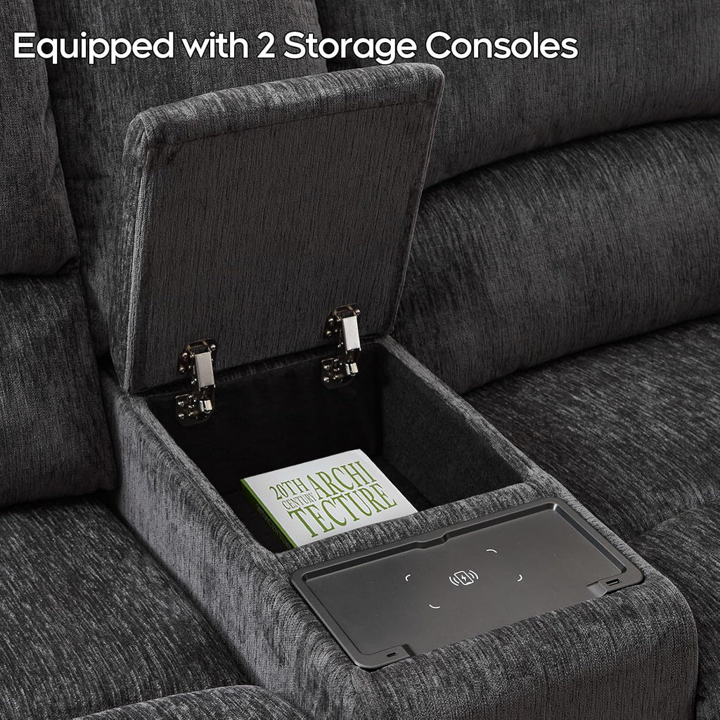 Oversized Power Recliner Sectional Sofa with Wireless Charger,Large Reclining Sectionals Couch Set with 2 Electric Chenille Recliner,USB Type-C,Storage Consloe for Living Room,32.6' Seat Width,Gray