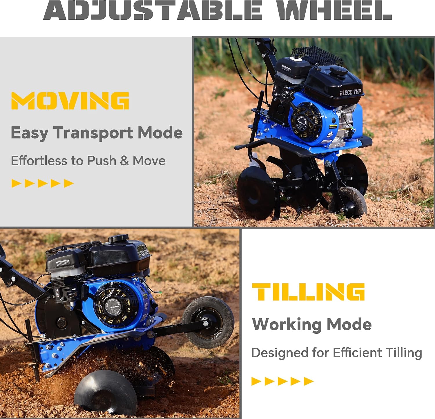212CC 7HP Gas Tiller, 22' Adjustable Width, 4-Cycle Engine Cultivator with Instant Reverse, Heavy-Duty Steel Tines for Hard Soil, New Ground Breaking, Weed & Deep Cultivation (Blue)
