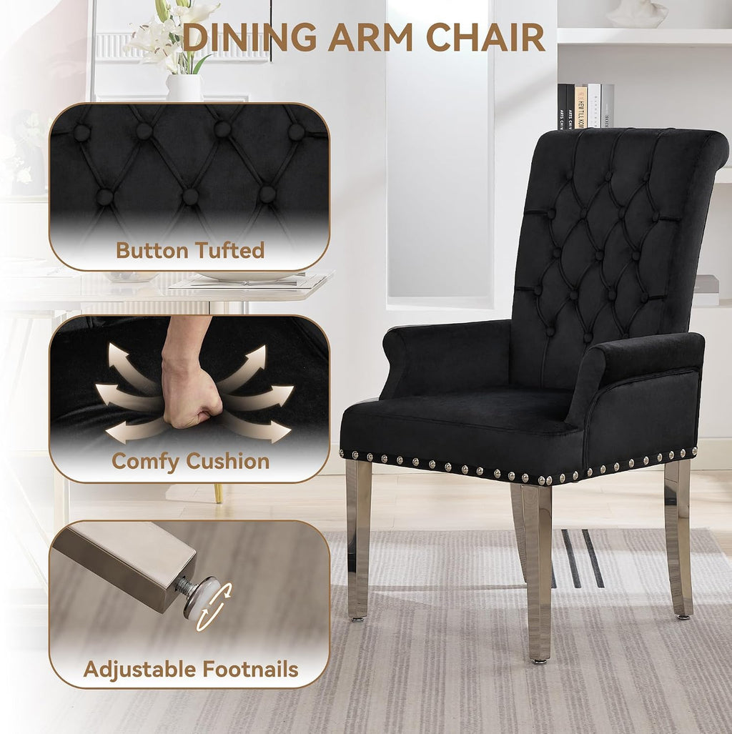 WUTUTUEE Velvet Dining Chair with Arms, Upholstered Tufted High Back Dining Room Chairs, Accent Armchair with Chrome Leg and Nailhead Trim, Kitchen Dining Living Room, Black