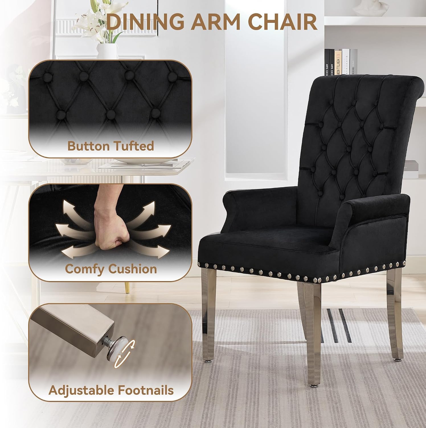 WUTUTUEE Velvet Dining Chair with Arms, Upholstered Tufted High Back Dining Room Chairs, Accent Armchair with Chrome Leg and Nailhead Trim, Kitchen Dining Living Room, Black