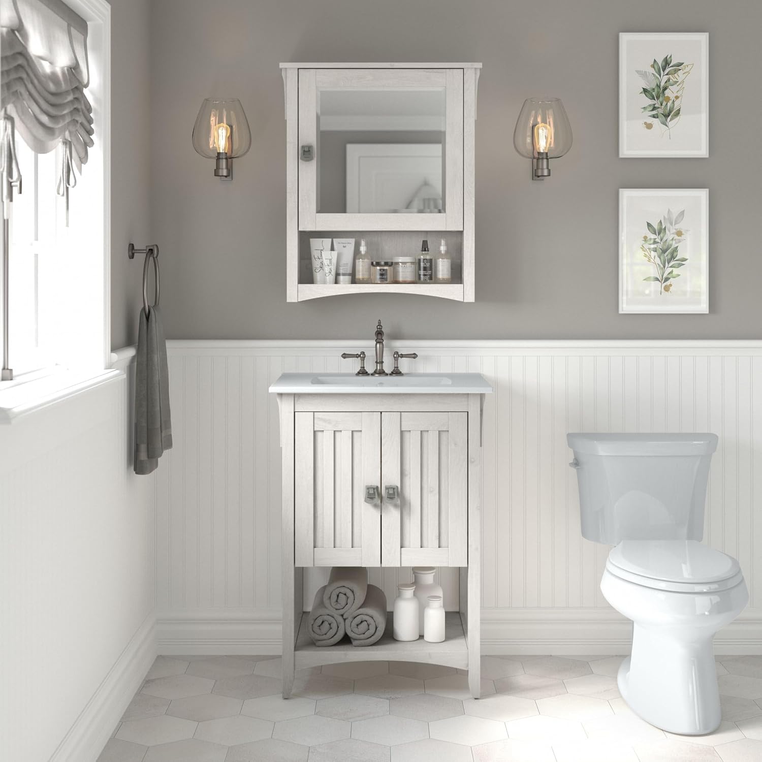 Bush Home Salinas 24W Bathroom Vanity Sink and Medicine Cabinet with Mirror in Linen White Oak