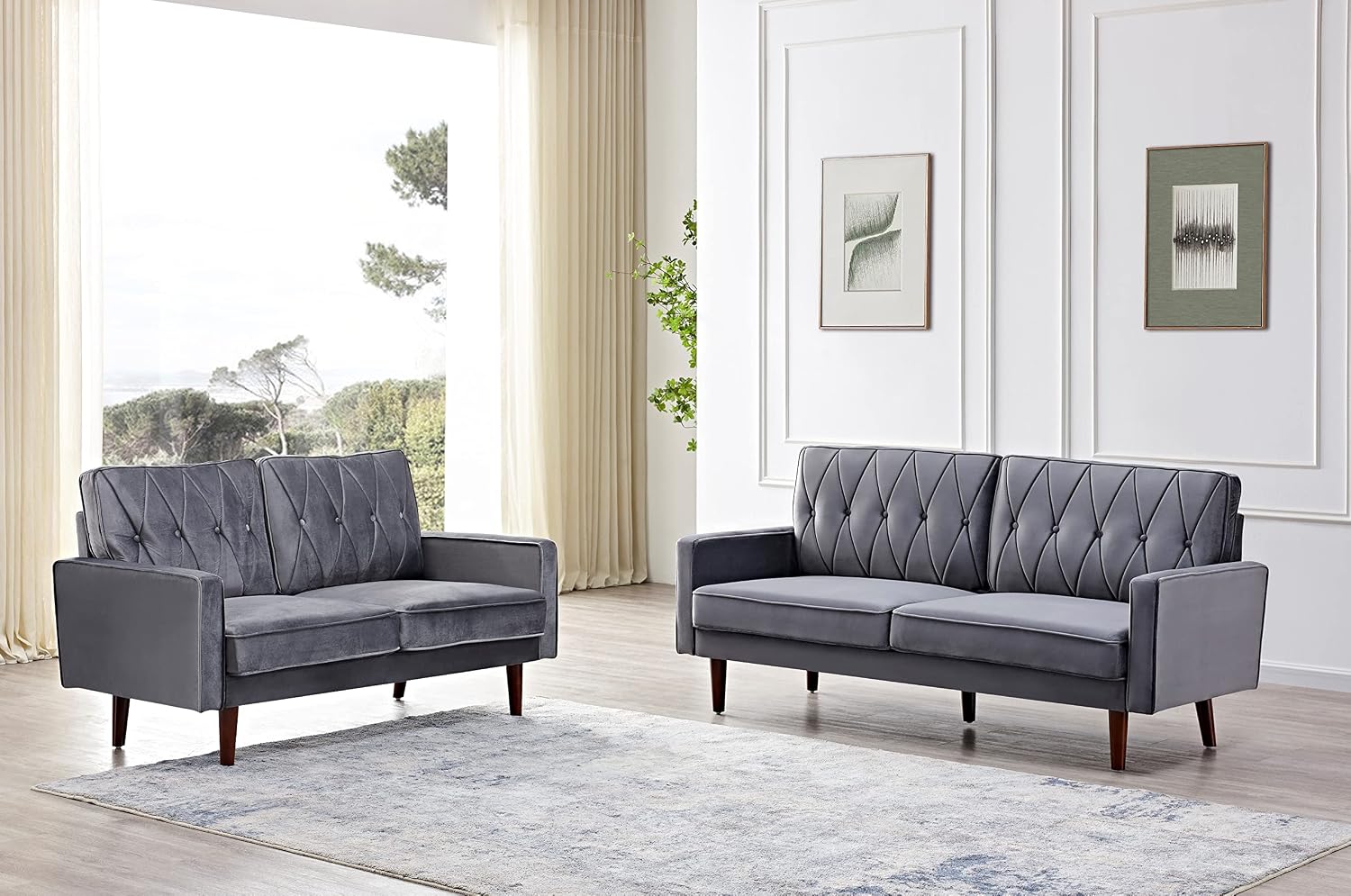 Container Furniture Modern Style Tufted Velvet Couches for Living Room with Soft Fabric Upholstery and Solid Wood Frame, 2 Piece Sofa and Loveseat Set, Grey