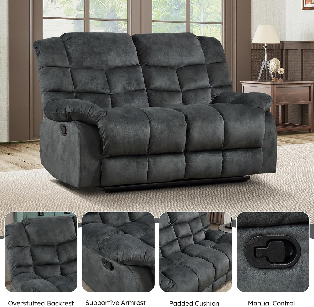 EBELLO Manual Recliner Couch Set, Soft Fabric Reclining Living Room Set, Included SinglAe Recliner Chair and Loveseat Sofa, Grey Green