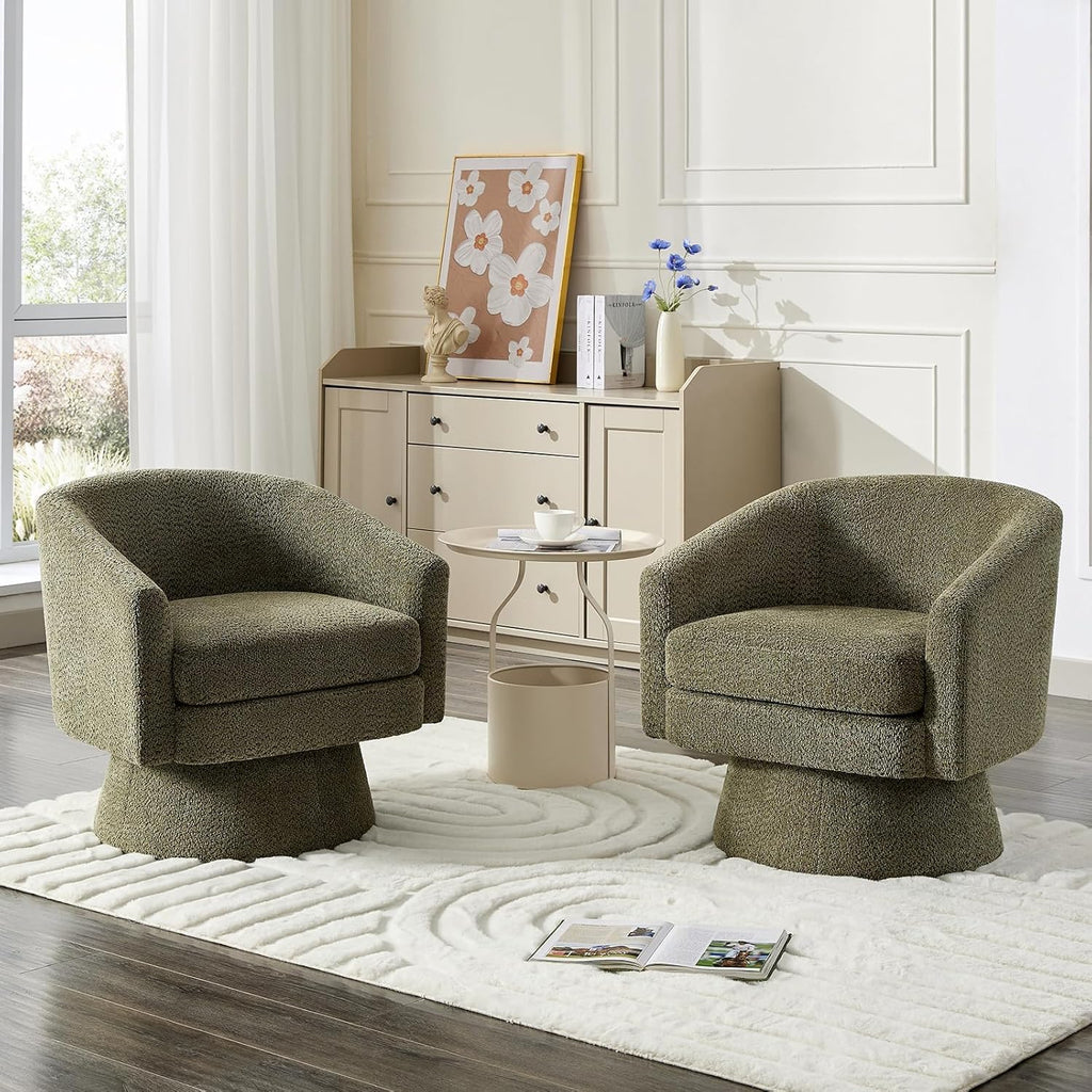 360° Swivel Barrel Accent Chair, Modern Chenille Upholstered Armchair with Curved Back, Soft Cushion & Arms, Wooden Frame, Storage Pocket, Comfy Reading Lounge Chair for Living Room, Bedroom, Office