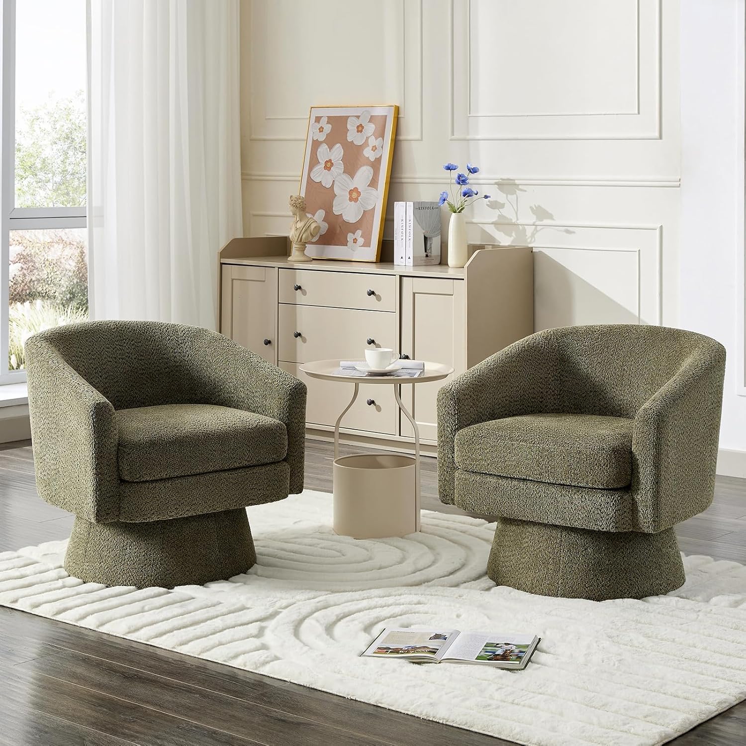 360° Swivel Barrel Accent Chair, Modern Chenille Upholstered Armchair with Curved Back, Soft Cushion & Arms, Wooden Frame, Storage Pocket, Comfy Reading Lounge Chair for Living Room, Bedroom, Office