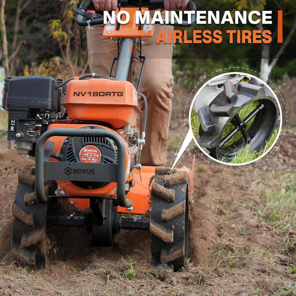NOVUS 18-Inch Dual Direction Rear Tine Tiller, 212cc 4-Cycle Gas Engine, Full Gear Transmission, Dual Rotating Tines, Airless Tires Gas Tiller for Small to Large Gardens