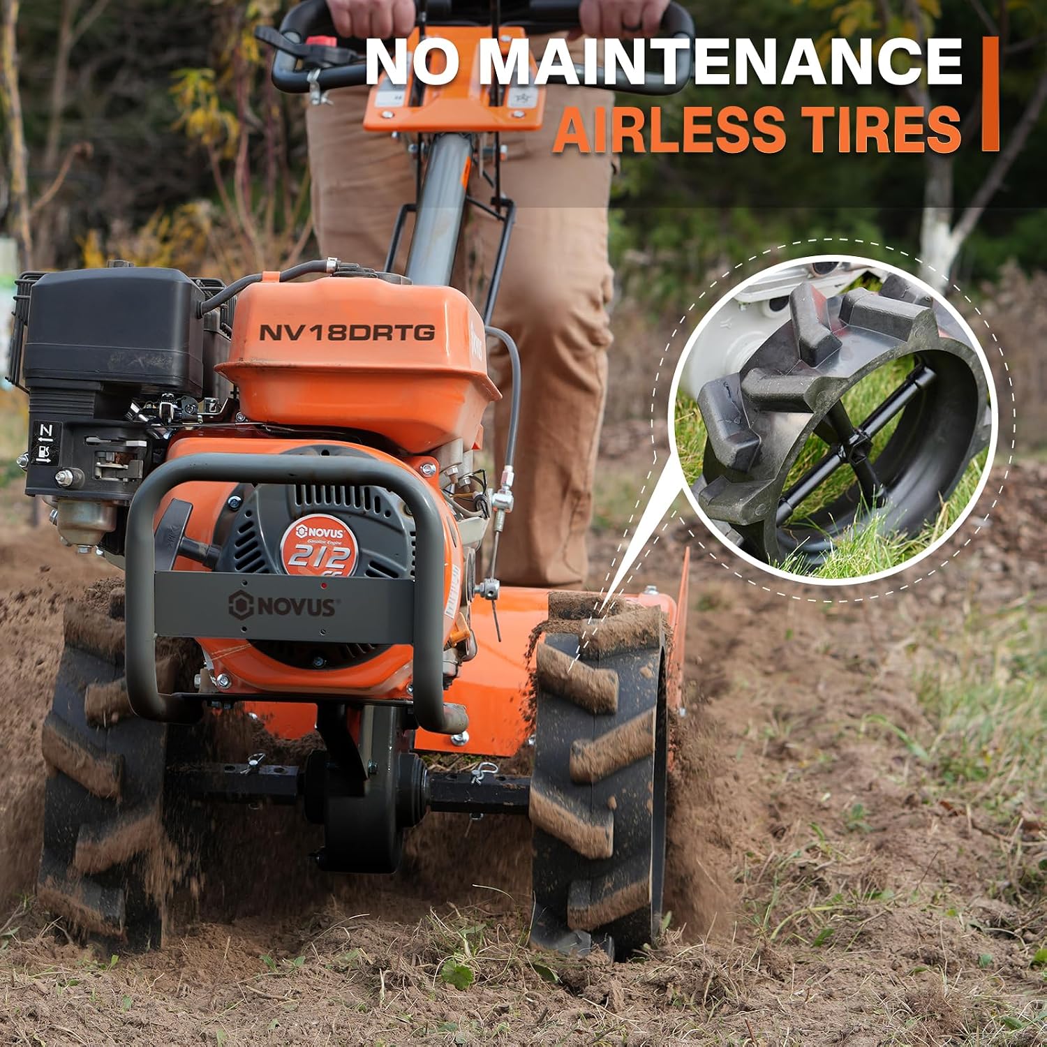 NOVUS 18-Inch Dual Direction Rear Tine Tiller, 212cc 4-Cycle Gas Engine, Full Gear Transmission, Dual Rotating Tines, Airless Tires Gas Tiller for Small to Large Gardens
