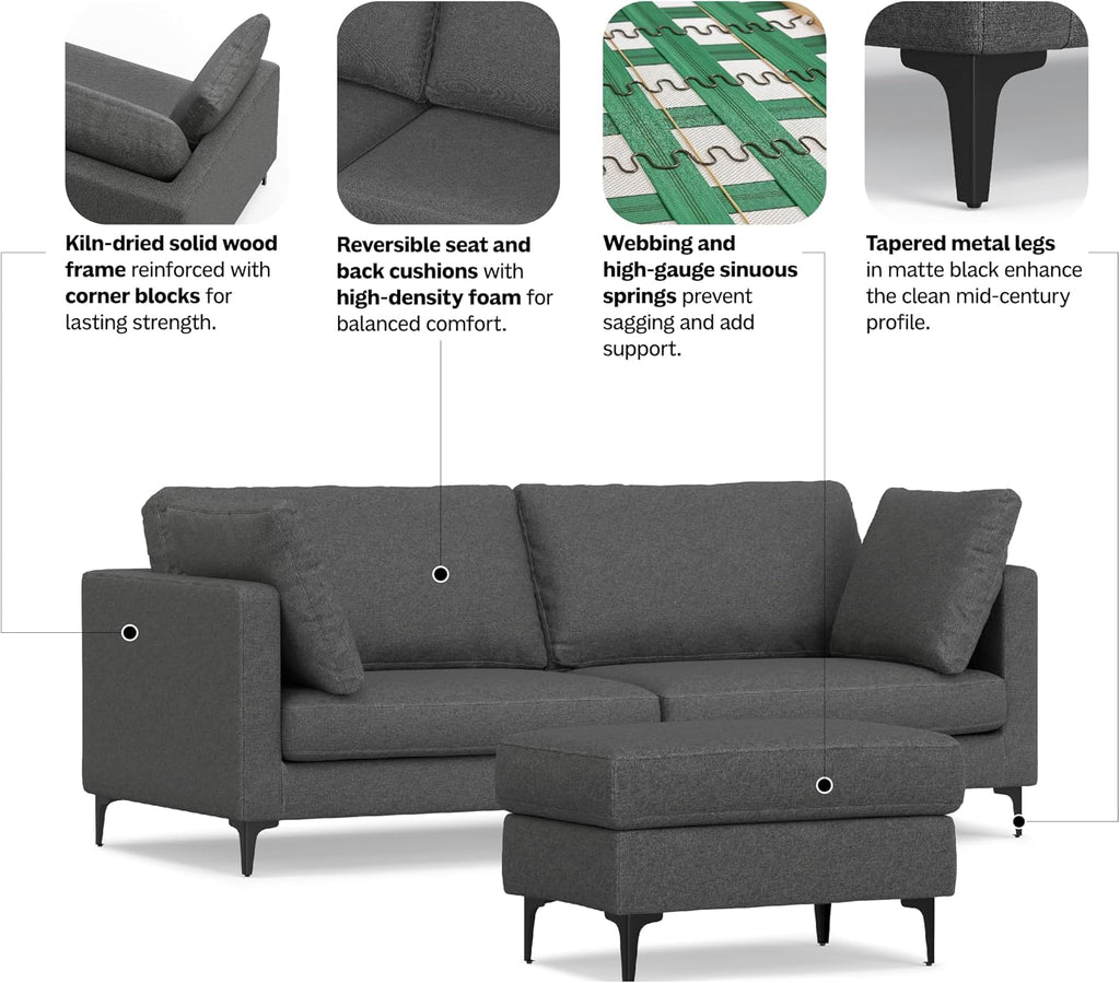 SIMPLIHOME Ava Sofa and Ottoman in 100% Recycled Polyester Performance Fabric, Pebble Grey, 90-inch-Wide 3-Seater Couch and Matching 36-inch-Wide Table Ottoman for Living Room, 2-Piece Set