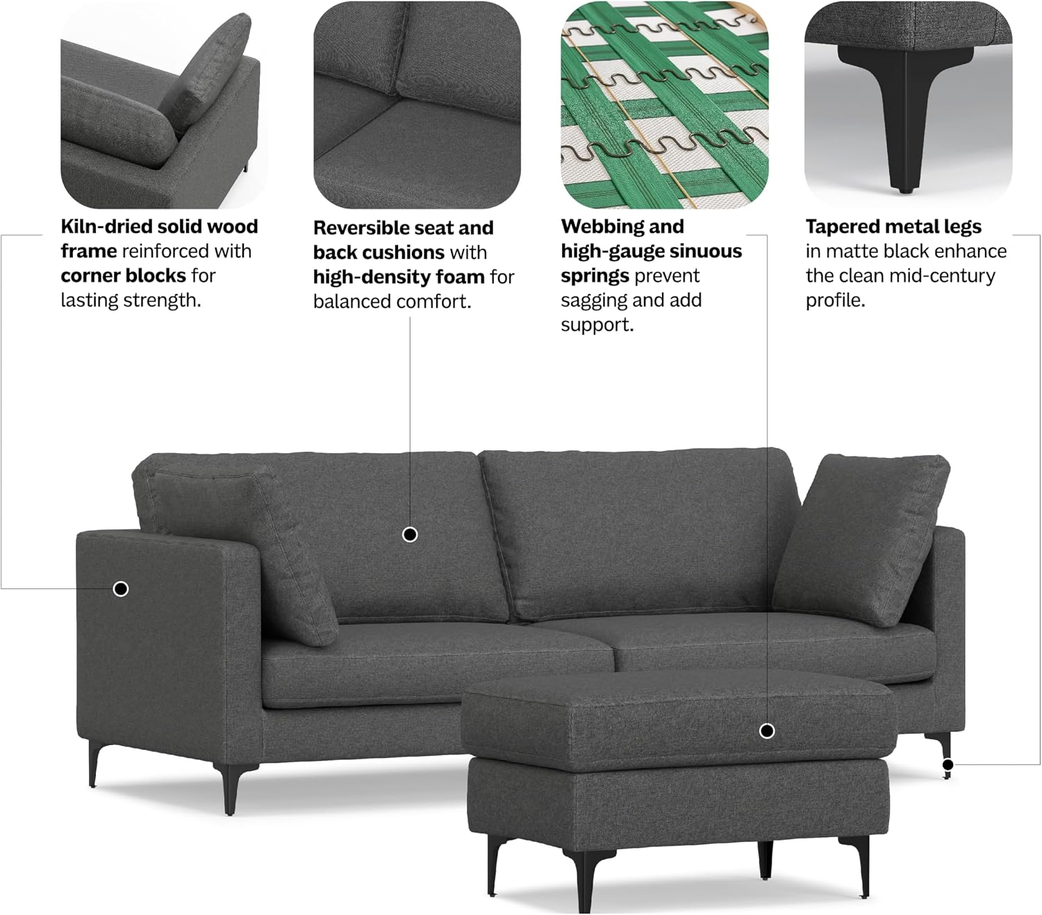 SIMPLIHOME Ava Sofa and Ottoman in 100% Recycled Polyester Performance Fabric, Pebble Grey, 90-inch-Wide 3-Seater Couch and Matching 36-inch-Wide Table Ottoman for Living Room, 2-Piece Set