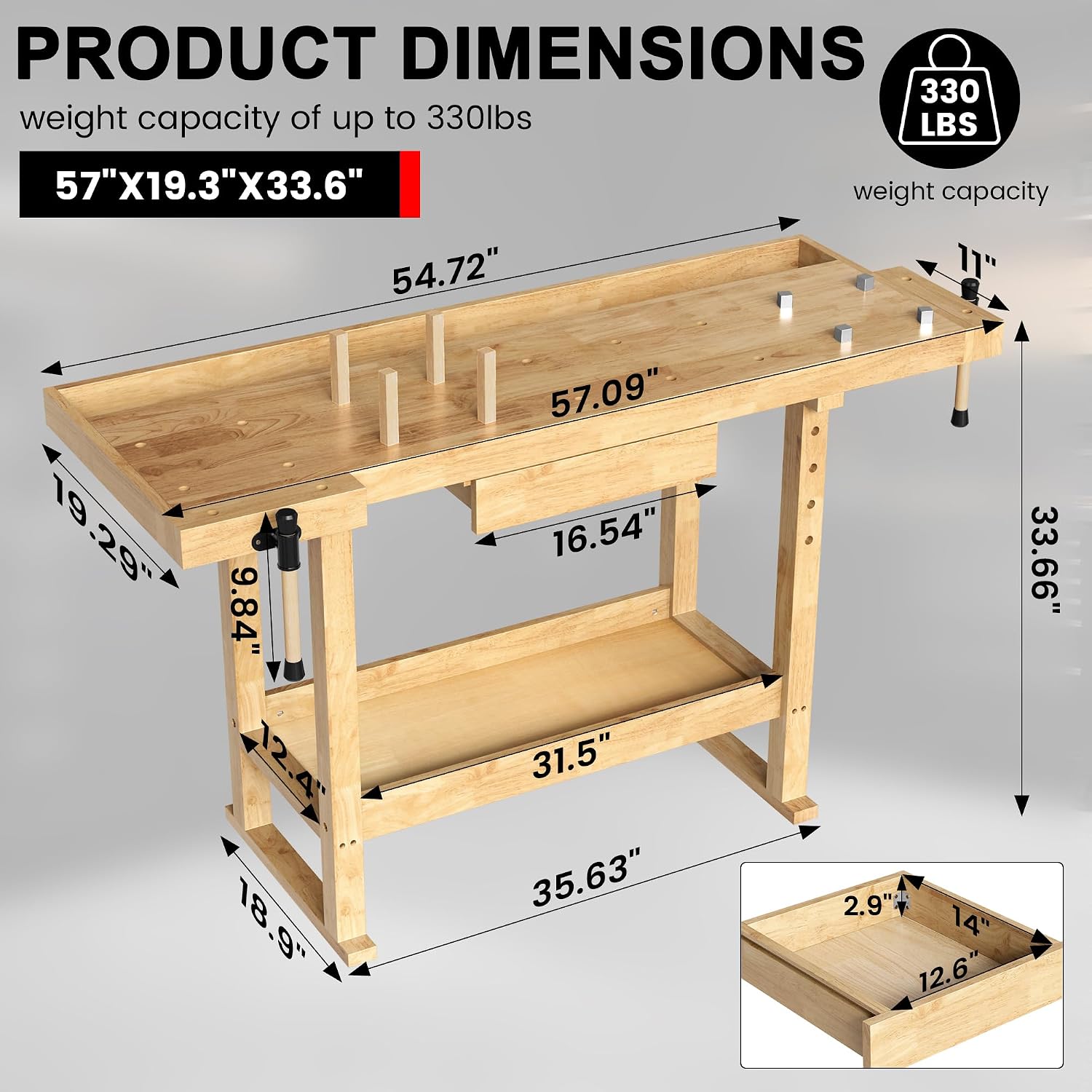 100% Solid Rubber Wood Work Bench, 60' Heavy Duty Workbench with Drawer & Adjustable Handle, 350Lbs Load Capacity Woodworking Bench for Garage, Workshop, Home Storage