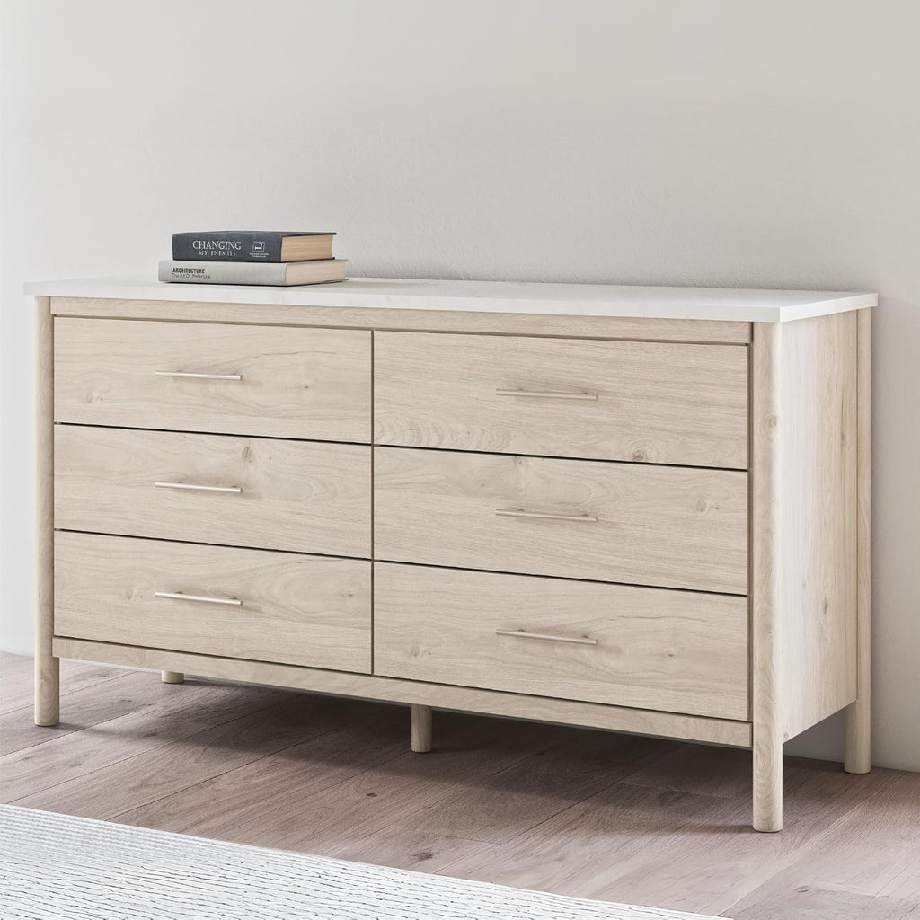 Signature Design by Ashley Cadmori Casual Bohemian Dresser with Post Legs and 6 Drawers, Replicated Marble Top, Wood, 35' High, White and Light Brown Finish