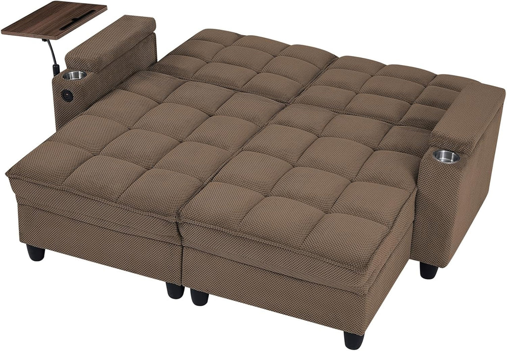 Eafurn Double Chaise Lounge Convertible Sleeper Chair Sofabed W/Storage and 6-Position Reclining Backrest, Modern Tufted Recliner Lounge Chaise Couch with Swivel Table & USB for Living Room