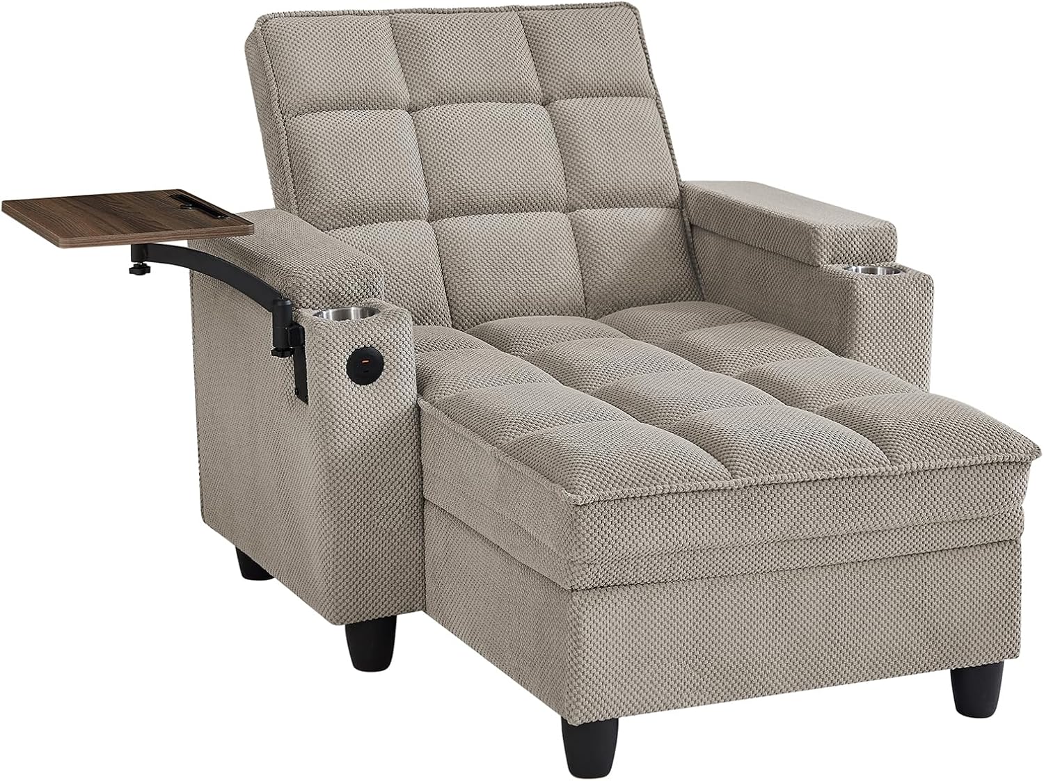 Eafurn Convertible Chaise Lounge Sleeper Chair with Storage and 6-Position Reclining Backrest,Modern Tufted Recliner Lounge Chaise Chair with Swivel Tray Table & USB Port for Living Room