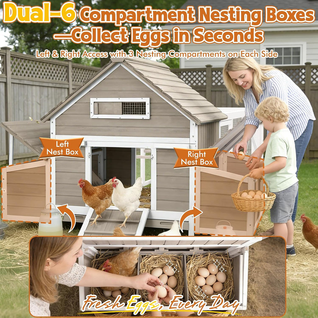 Ketive Large Chicken Coop with Run for 6–8 Chickens — Wooden Outdoor Hen House Chicken Hutch with 6 Nesting Boxes, Dual Ramp Doors, Slide-Out Tray, Curved Roof (118.3' L x 38' W x 40.2' H)
