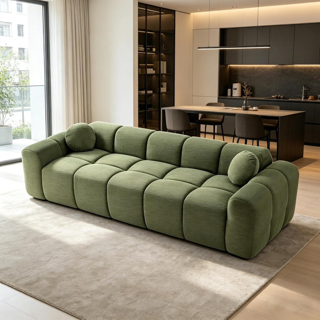 98.4-Inch Oversized Boneless Cloud Couches Deep Seat Foam Sofa Couch with 2 Round Toss Pillows, Luxury Corduroy Upholstered 3 Seat Tufted Loveseat, Cloud Sofa in a Box