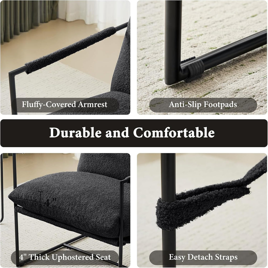 Furnilivng Large Sling Accent Chair, Comfortable Boucle Fabric Arm Chair, Upholstered Cozy Reading Chair for Living Room, Bedroom, Dressing Room, Home Office (Black, Set of 2)