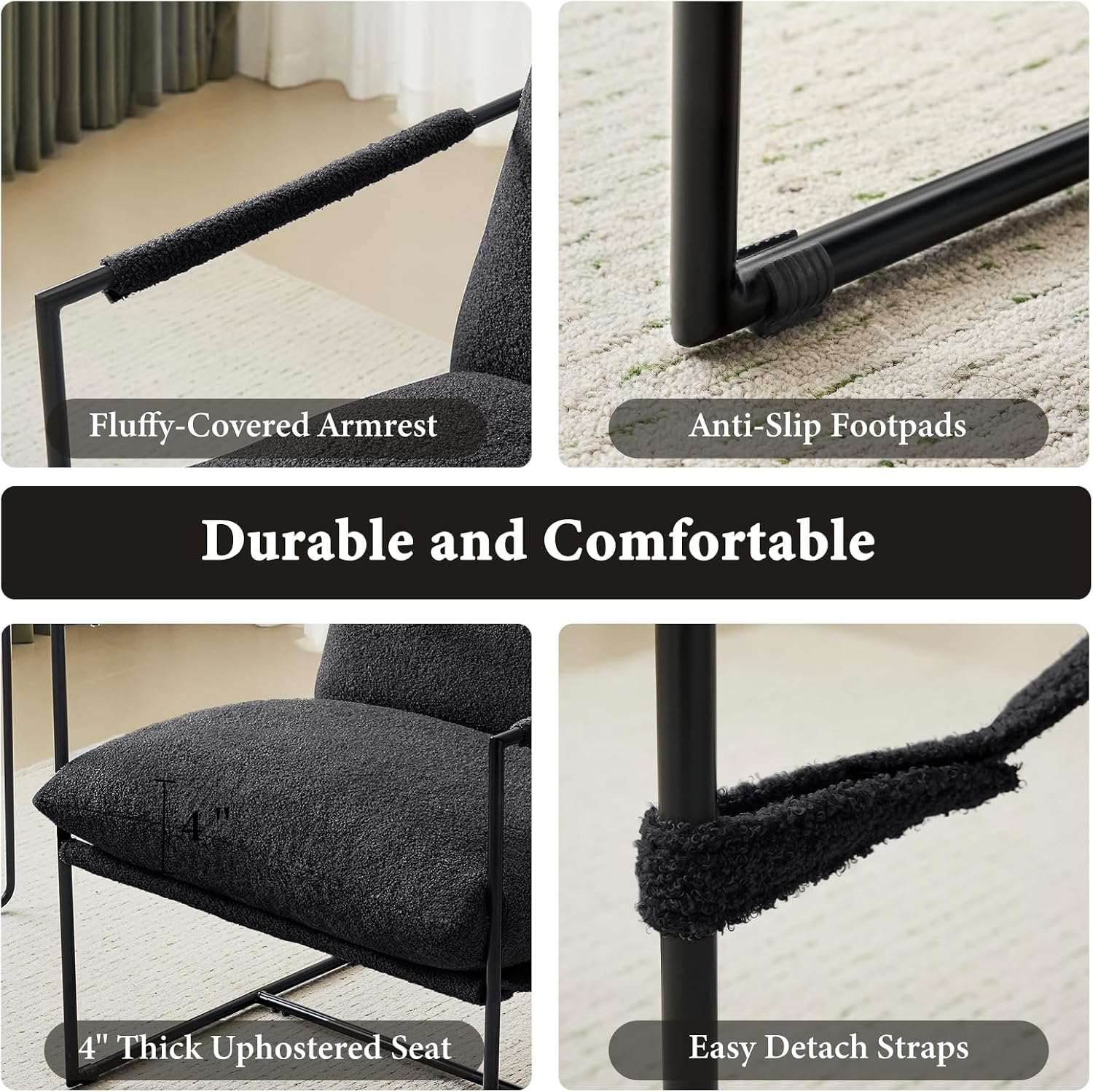 Furnilivng Large Sling Accent Chair, Comfortable Boucle Fabric Arm Chair, Upholstered Cozy Reading Chair for Living Room, Bedroom, Dressing Room, Home Office (Black, Set of 2)