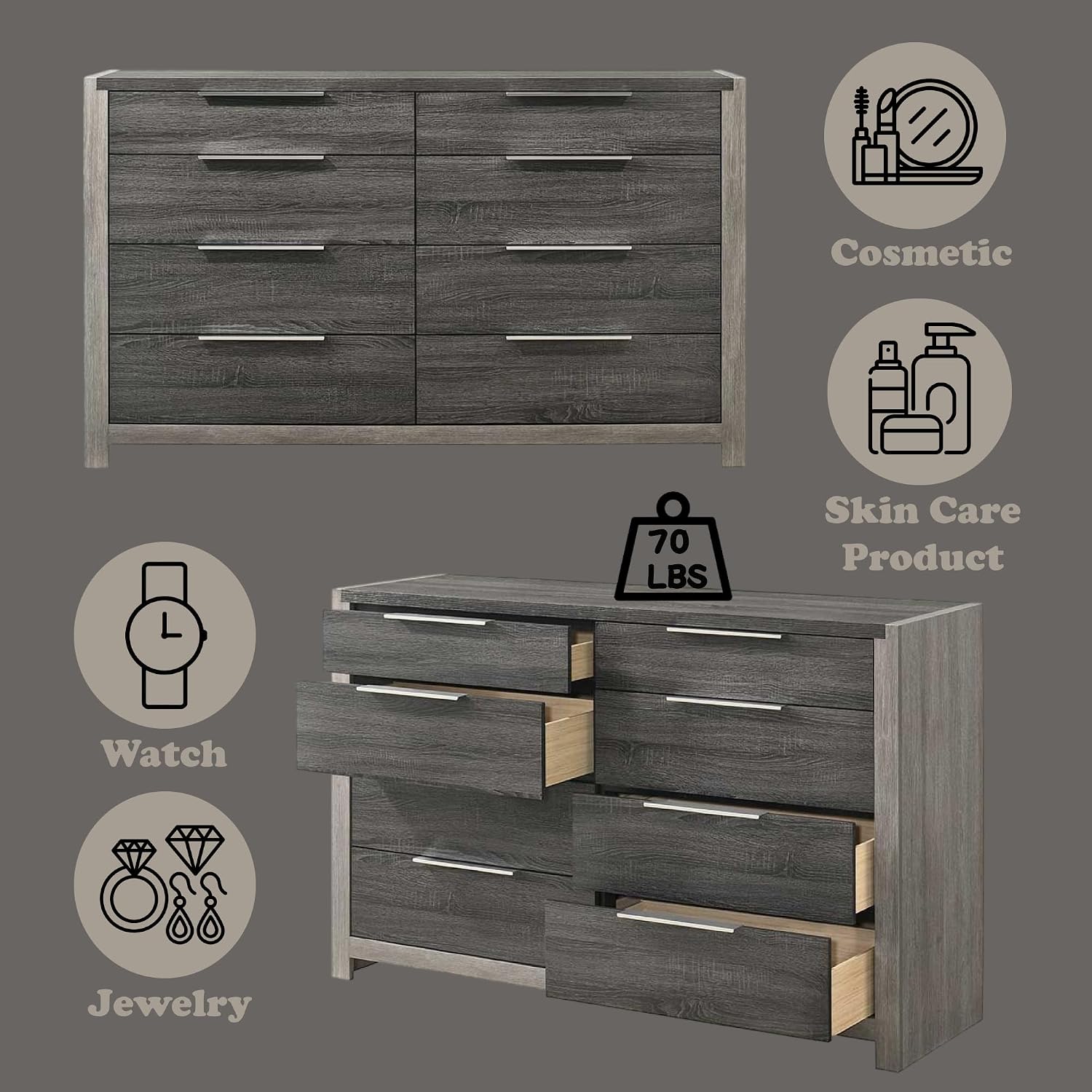 Acme Casimiro Transitional Wood 8-Drawer Rectangular Dresser in Gray