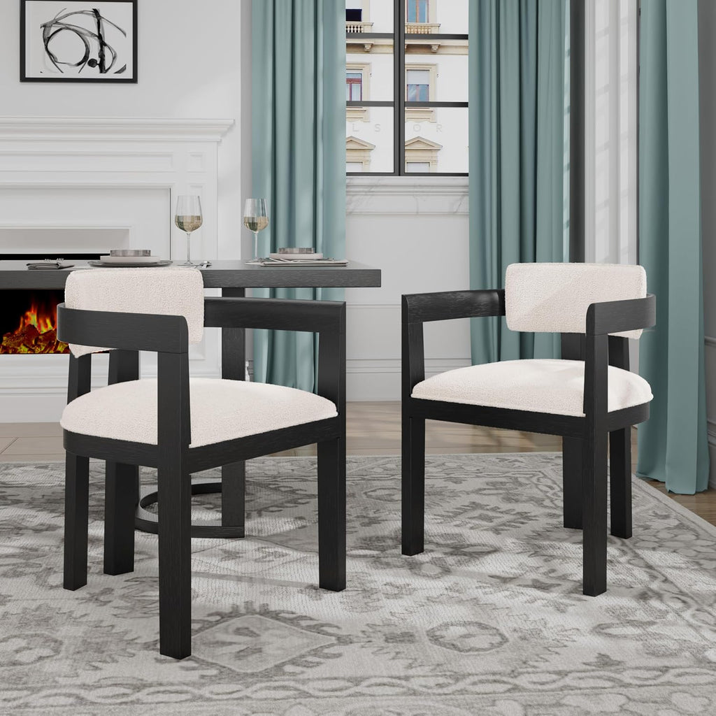 Christopher Knight Home Falcon Boucle Fabric Upholstered Dining Chairs Set of 2, Modern Wooden Dining Armchair, Curved Backrest Kitchen Side Chair,Living Room Accent Chair Extra Seat,Black+Milky White
