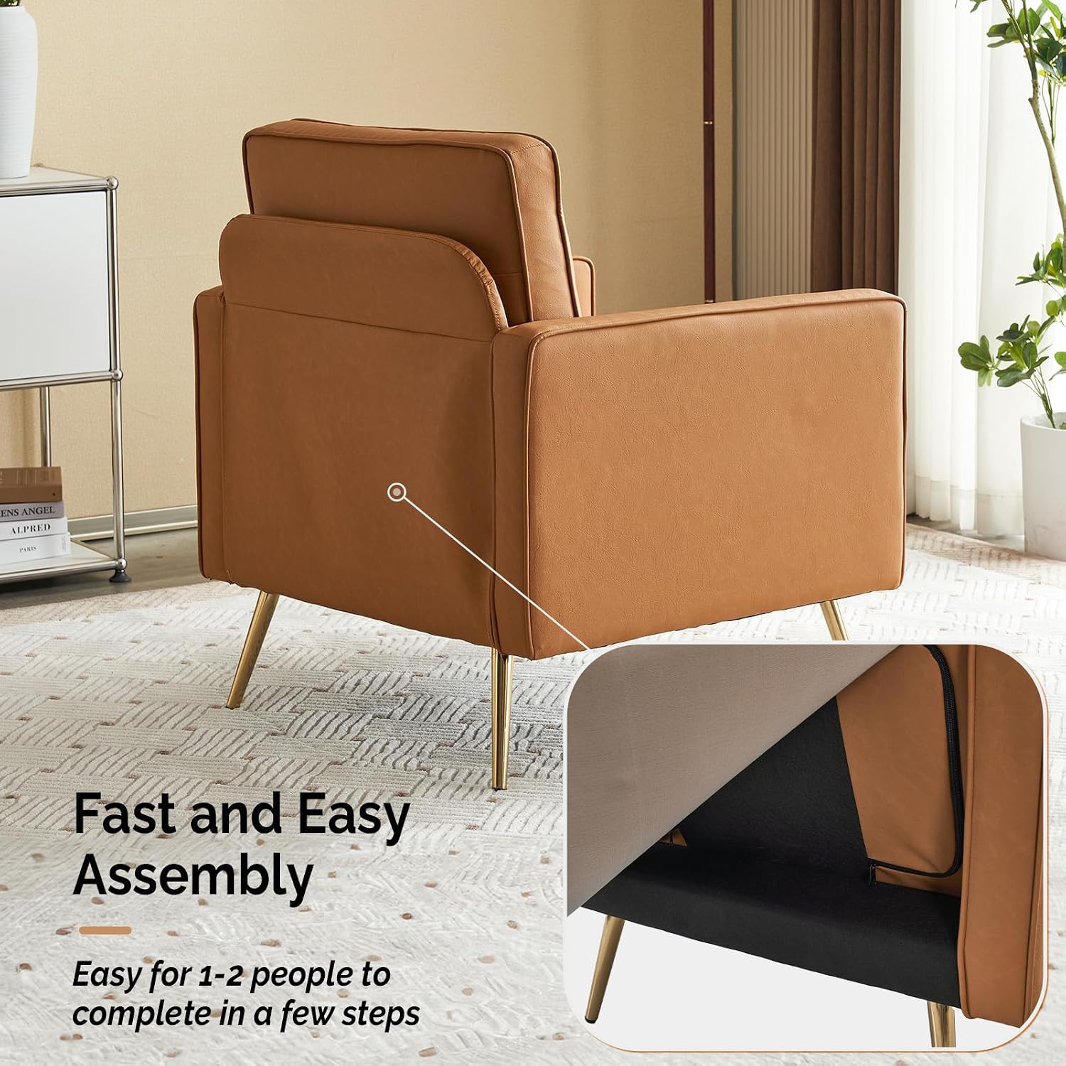 VINGLI PU Leather Accent Chair, Mid-Century Modern Living Room Chairs with Removable Cushions, Gold Legs, Upholstered Sofa Armchair for Bedroom, Office, Apartment, Play Room