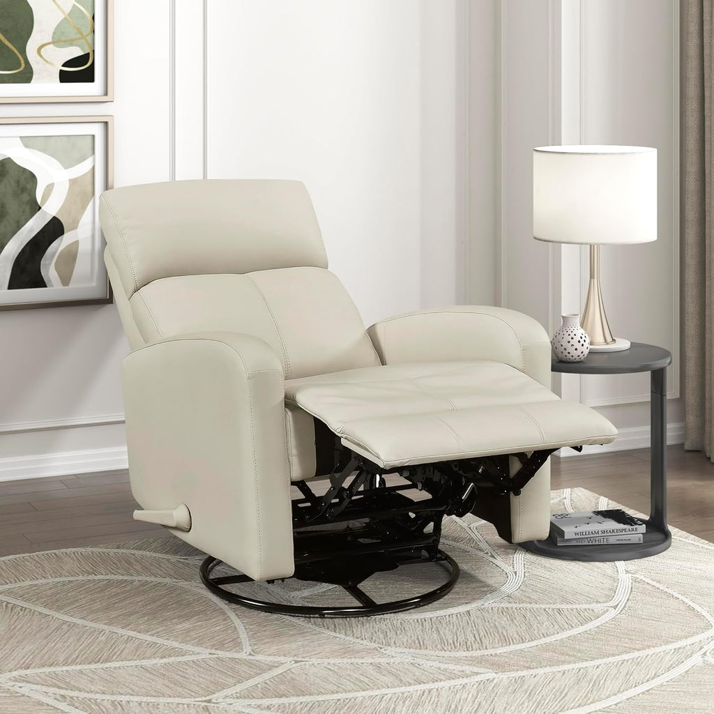 Lexicon Swivel Glider Reclining Chair, Top Grain Leather Match Manual Pull Handle Recliner, Comfy Nursery Glider Recliner, Swivel Reclining Chair for Living Room/Office/Bedroom/Apartment, Beige