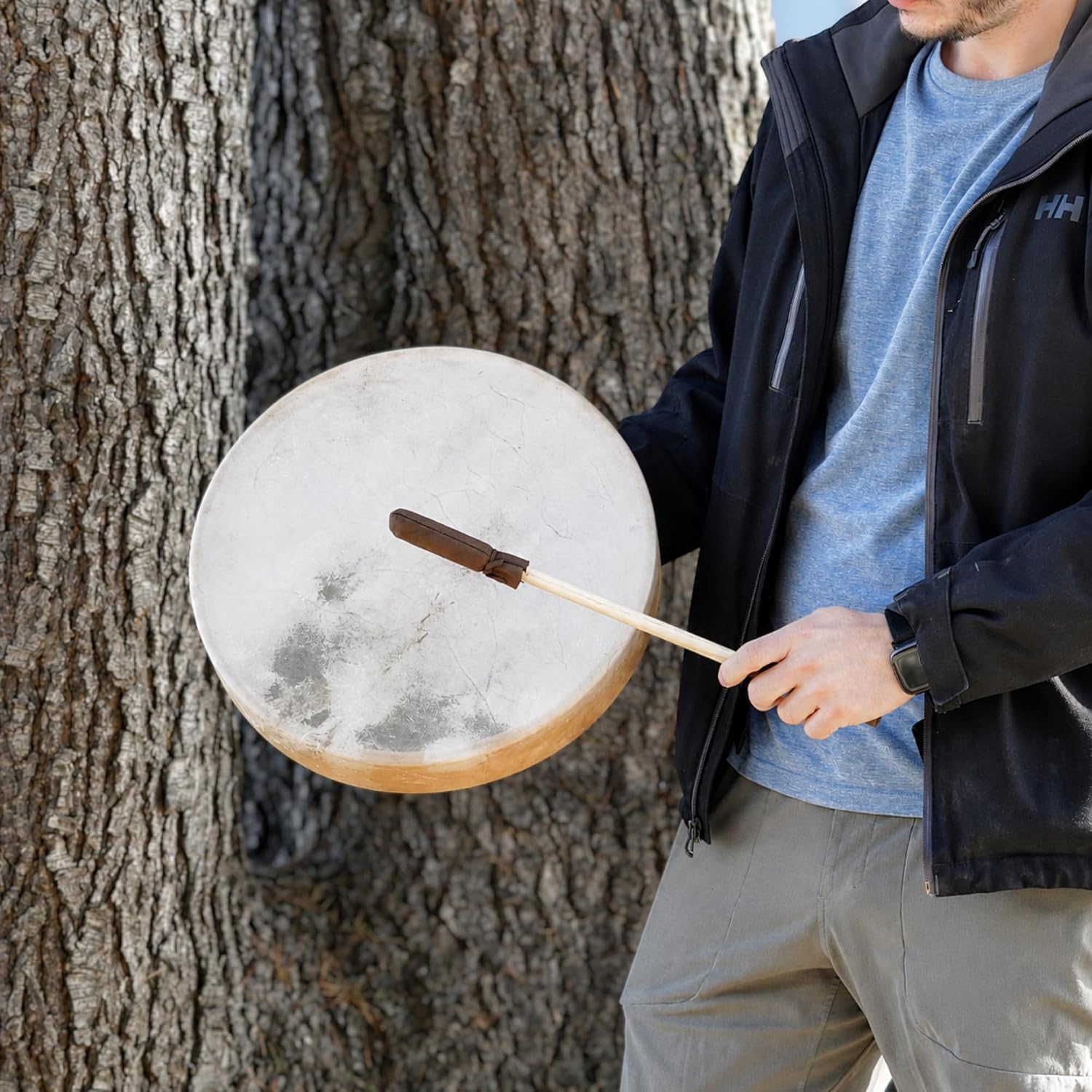 GMP Traditional Frame Drum/Bodhran with Handle, 15' Diameter | Natural Goatskin Head, Comes with Wood and Leather Mallet