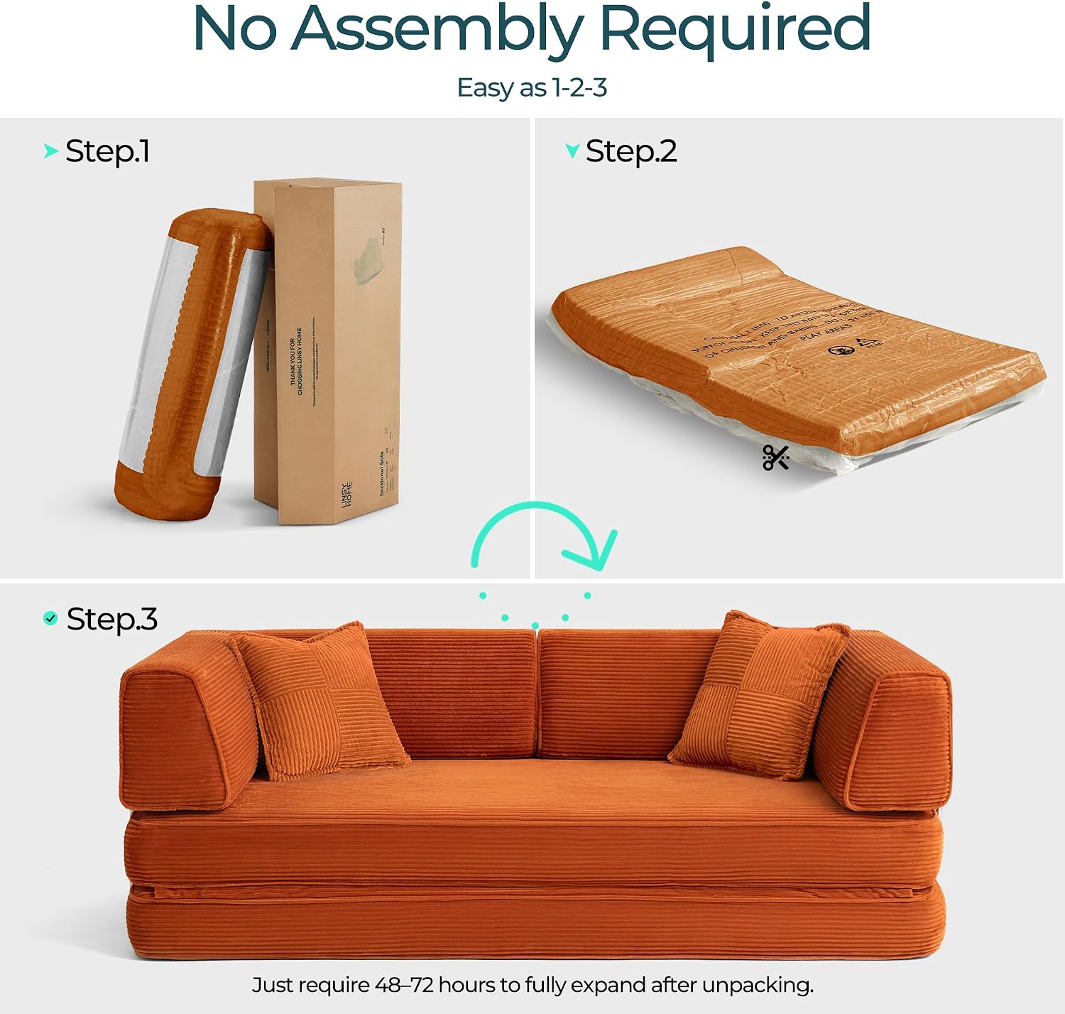 LINSY HOME Sofa Bed Couch - Convertible Boneless Couch Bed with 2 Pillow (Orange) | Folding Sofa Bed