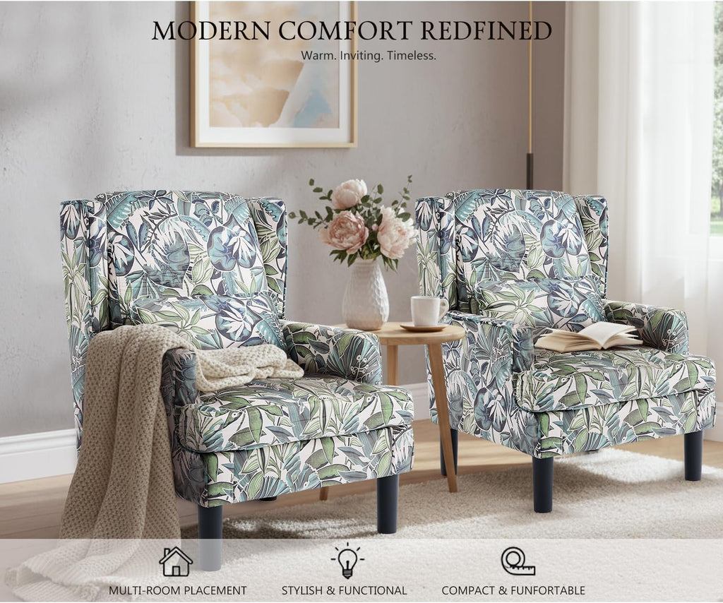 Modern Accent Chair for Living Room Chairs Oversized Reading Chair Accent Chairs for Living Room Sofa Chair with High Back and Wood Legs,Upholstered Armchair Comfy Chair for Bedroom(Green Floral)