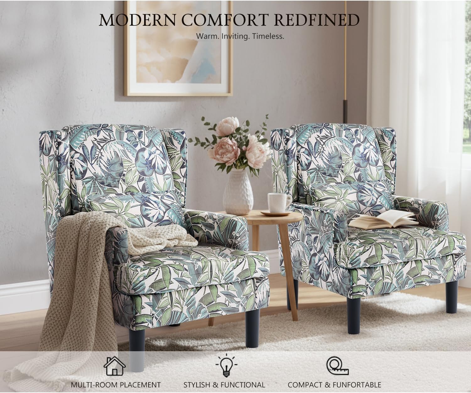 Modern Accent Chair for Living Room Chairs Oversized Reading Chair Accent Chairs for Living Room Sofa Chair with High Back and Wood Legs,Upholstered Armchair Comfy Chair for Bedroom(Green Floral)