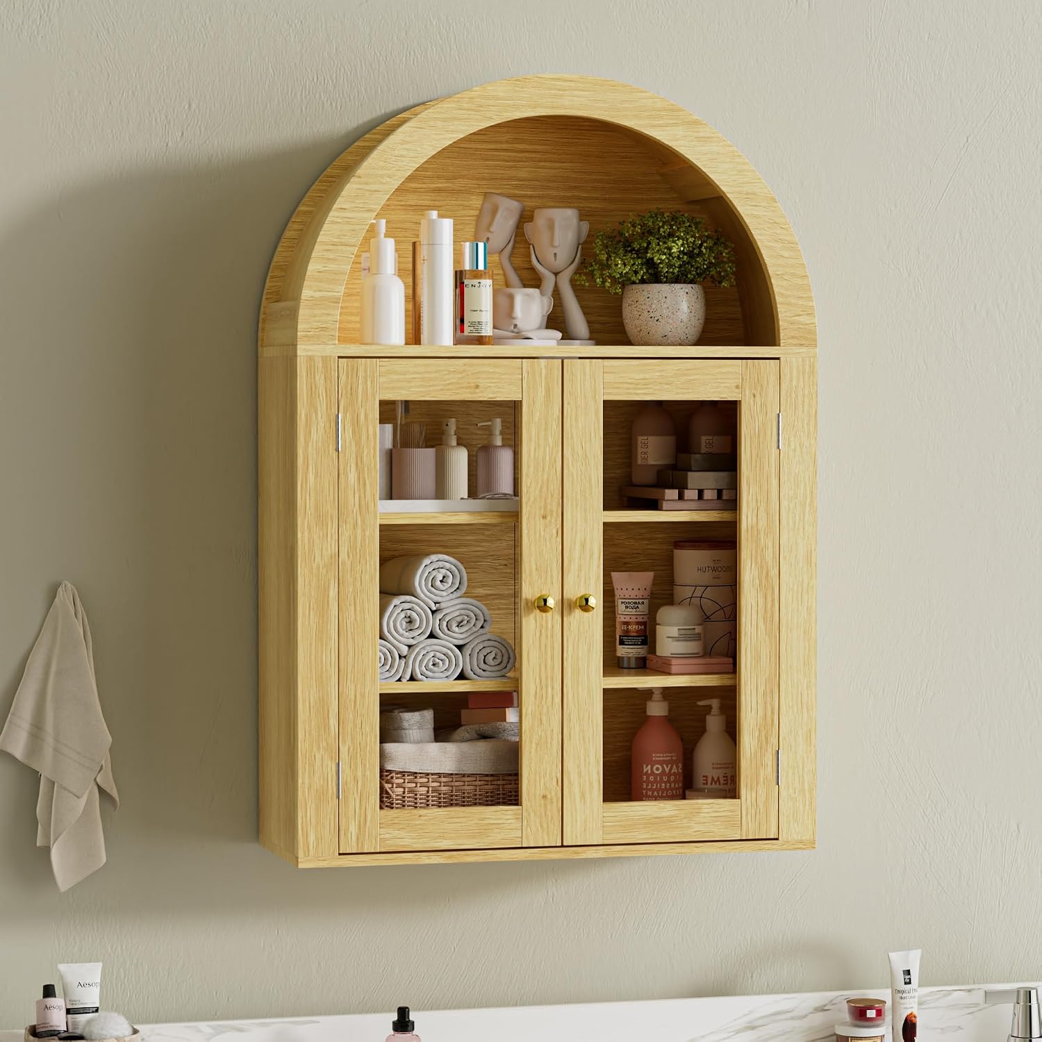 BREEZEHEAT Arched Medicine Cabinet with Glass Doors, Adjustable Shelf, Wall Mounted Bathroom Storage Cabinet Over Toilet, Natural Oak Wood Grain, 23.6''W × 31.5''H