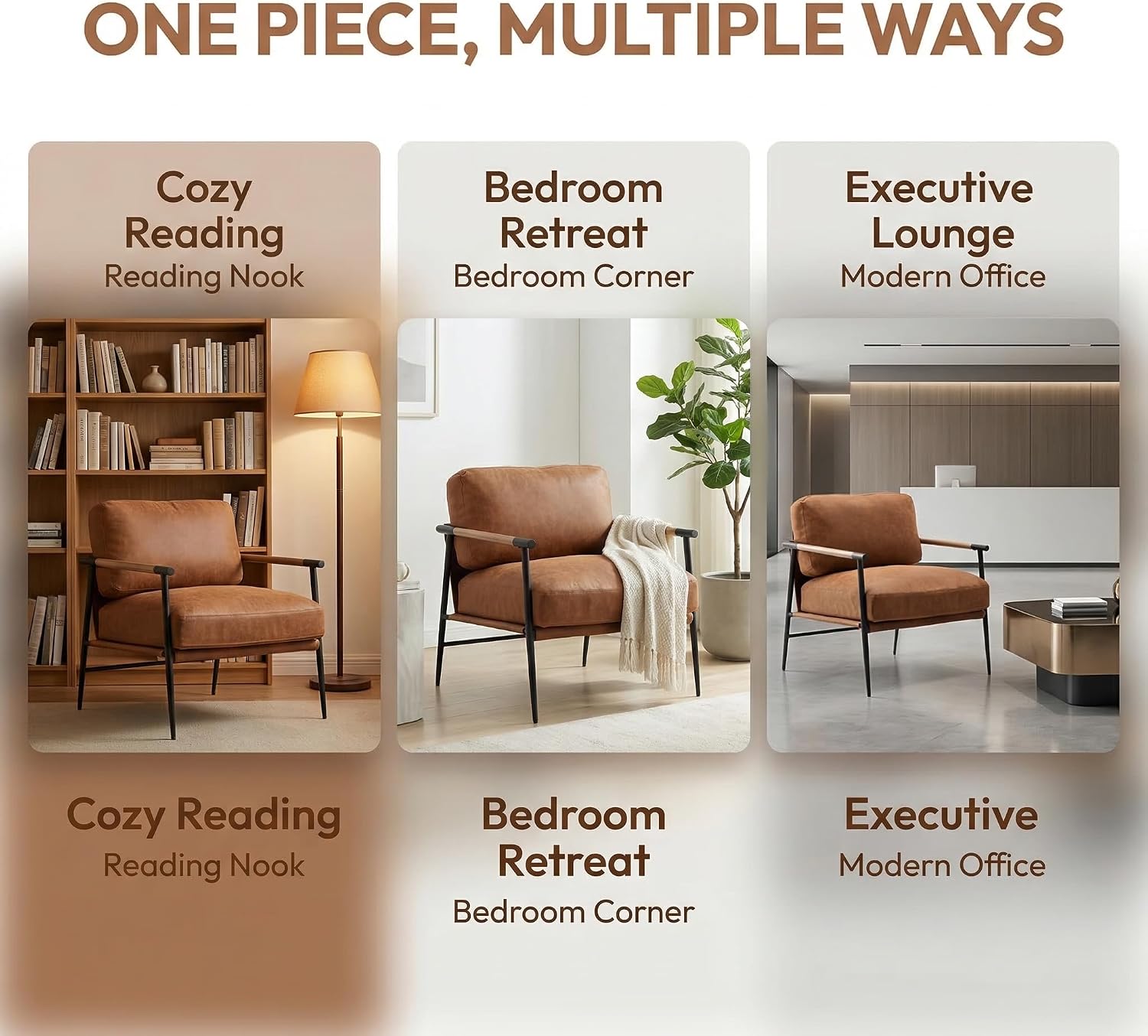 LukeAlon PU Leather Accent Chairs Set of 2 Brown Lounge Chairs with Metal Legs Modern Armchairs Upholstered Mid-Century Comfy Leisure Chair for Bedroom Living Room Reception Area