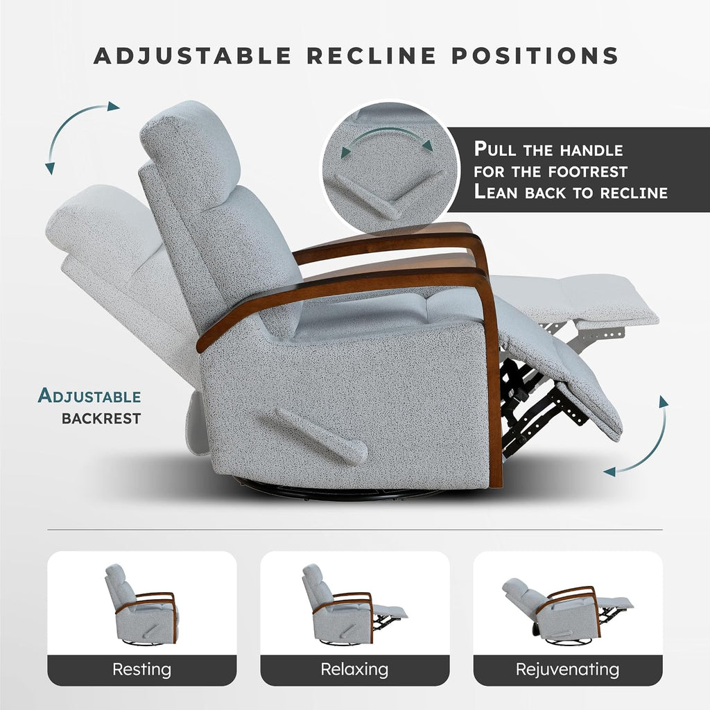 Lexicon 360 Degree Swivel Glider Reclining Chair, Soft Boucle Manual Recliner, Comfy Nursery Glider Recliner, Wood Arms, Pull Handle for Living Room/Office/Bedroom/Apartment, Gray