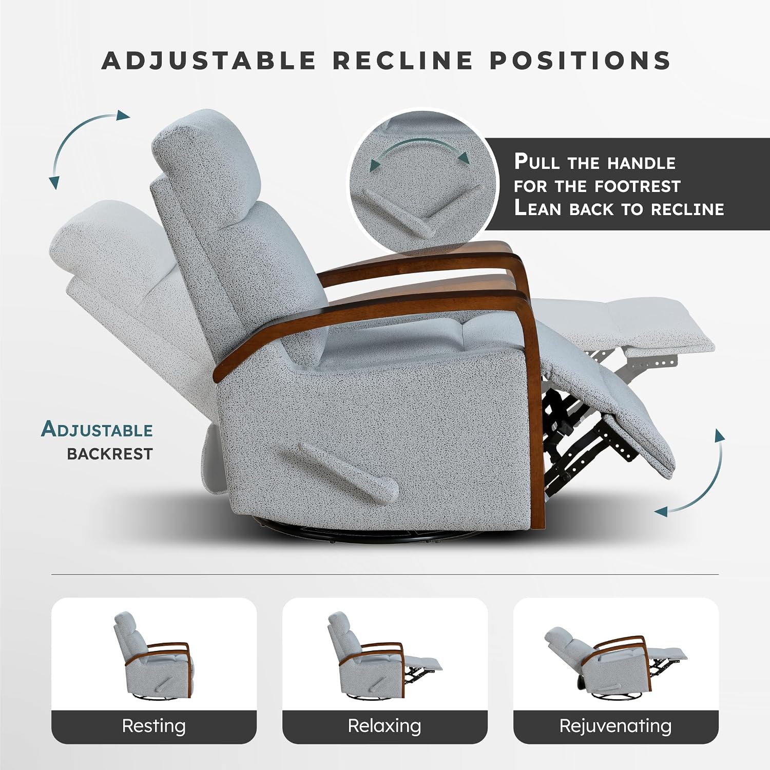 Lexicon 360 Degree Swivel Glider Reclining Chair, Soft Boucle Manual Recliner, Comfy Nursery Glider Recliner, Wood Arms, Pull Handle for Living Room/Office/Bedroom/Apartment, Gray