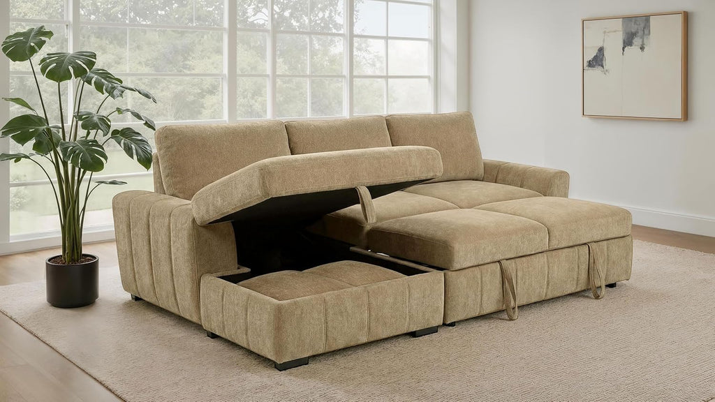 Coaster Home Furnishings - Pastrana - Wood and Fabric - Sleeper Sectional Sofa with Left-arm-Facing Chaise, and Track Arms - Living Room - Camel - 500358