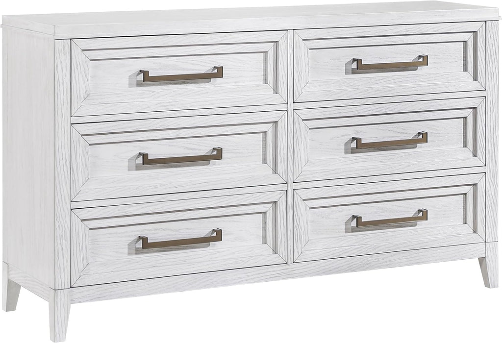 Coaster Home Furnishings - Marielle - Wood - 6-Drawer Bedroom Dresser with Antique Brass Bar Pulls, Rectangular Structure, Stepped Front Design - Bedroom - Distressed White - 224843
