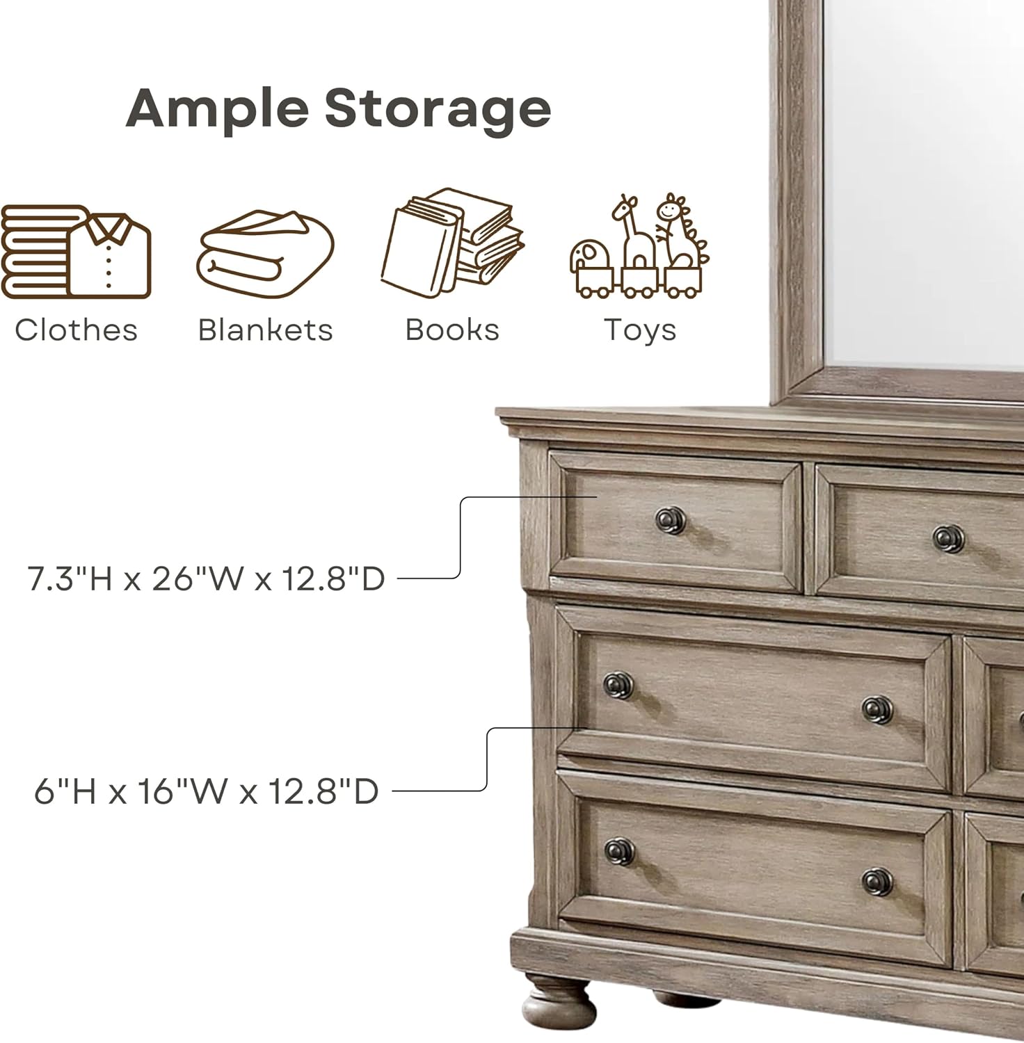 HOMES: Inside + Out Dery Rustic 7-Drawer Wood Dresser and Mirror, Gray