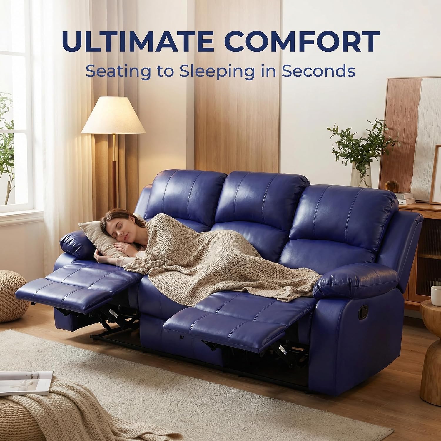 2-Piece Manual Leather Recliner Sofa Set, Adjustable Backrest Reclining Loveseat Sofa and a 3 Seater Couch Furniture Set for Home Theater, Dark Blue