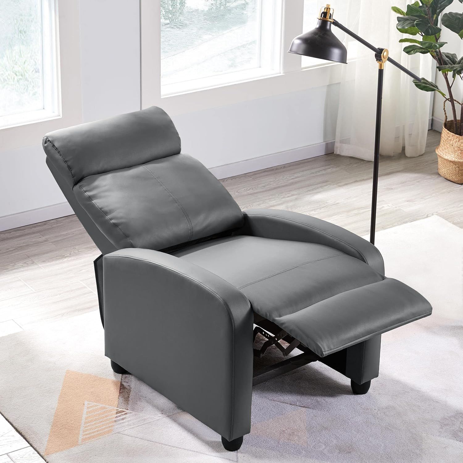 Yaheetech Recliner Chair Set of 2, PU Leather Upholstered Reclining Sofa Chair with Pocket Springs for Living Room, Home Theater Seating Grey