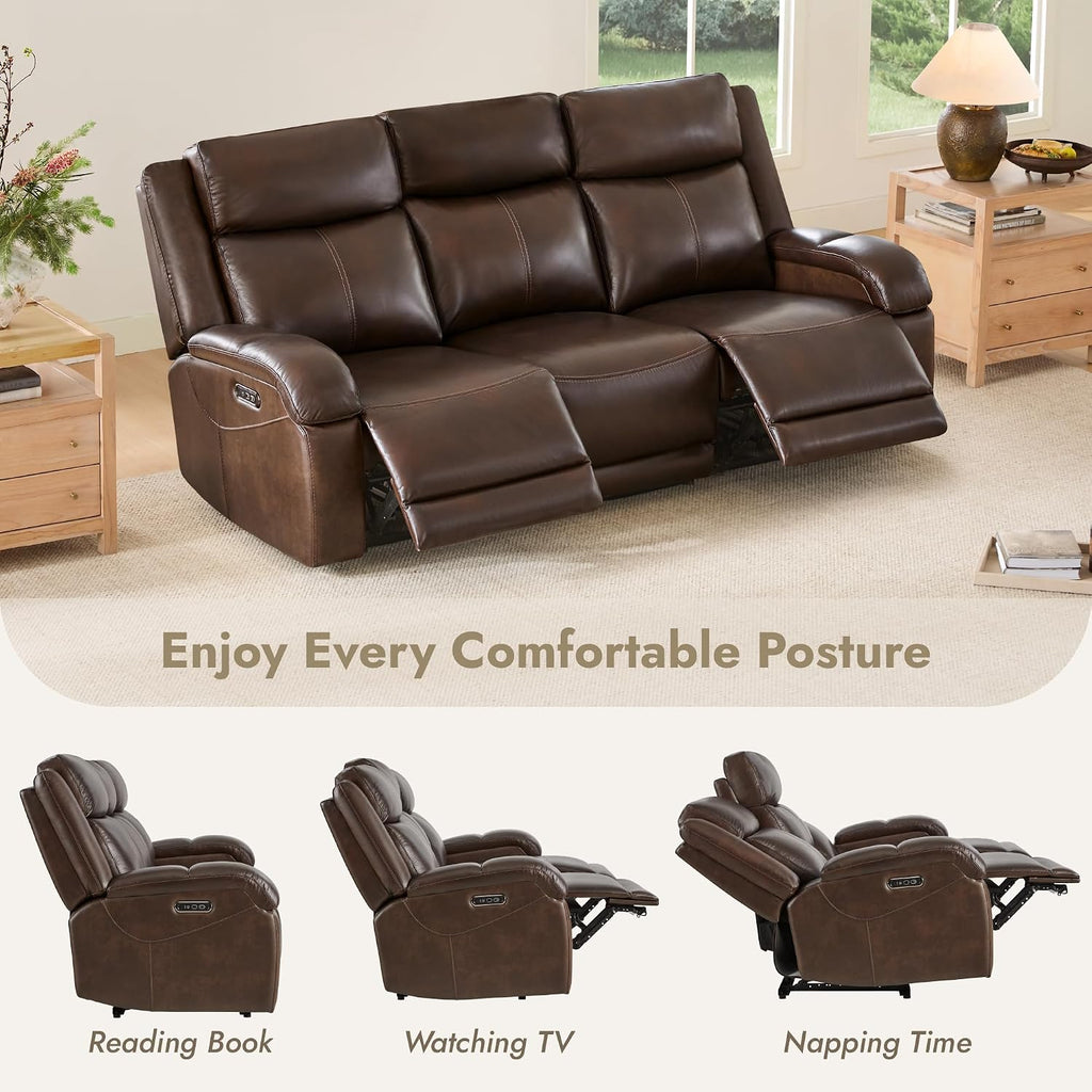 Watson & Whitely Genuine Leather Power Recliner Sofa, 3 Seater Wall Hugger Reclining Sofas with Power Headrest, USB & TypeC Ports, Electric Recliner Couch Set for Living Room, Dark Brown