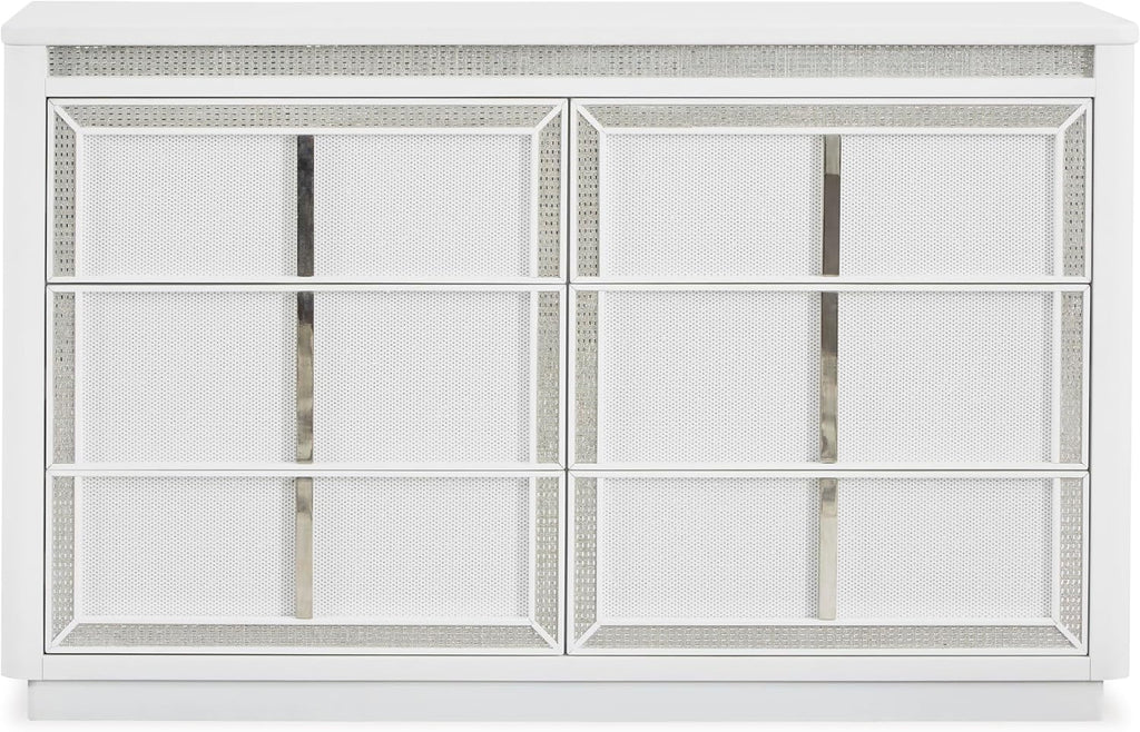 Signature Design by Ashley Chalanna Contemporary Dresser with 6 Drawers, Built-in LED Lighting, Rhinestone Details, Wood, White, 64' W x 20' D x 38.75' H