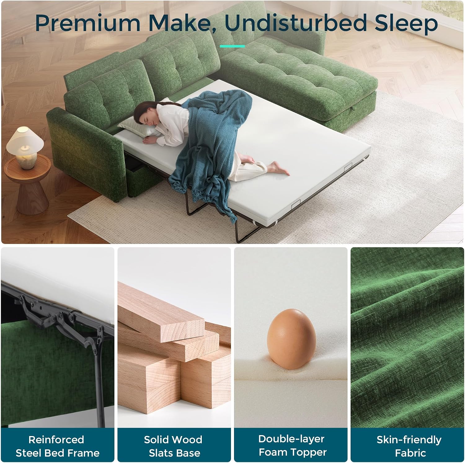 LINSY HOME Oversized Sleeper Sofa with Pullout Bed, Sectional Couch with Storage Chaise, Green Corduroy L-Shaped Convertible Couch, 118x34.5x34.5 Inches