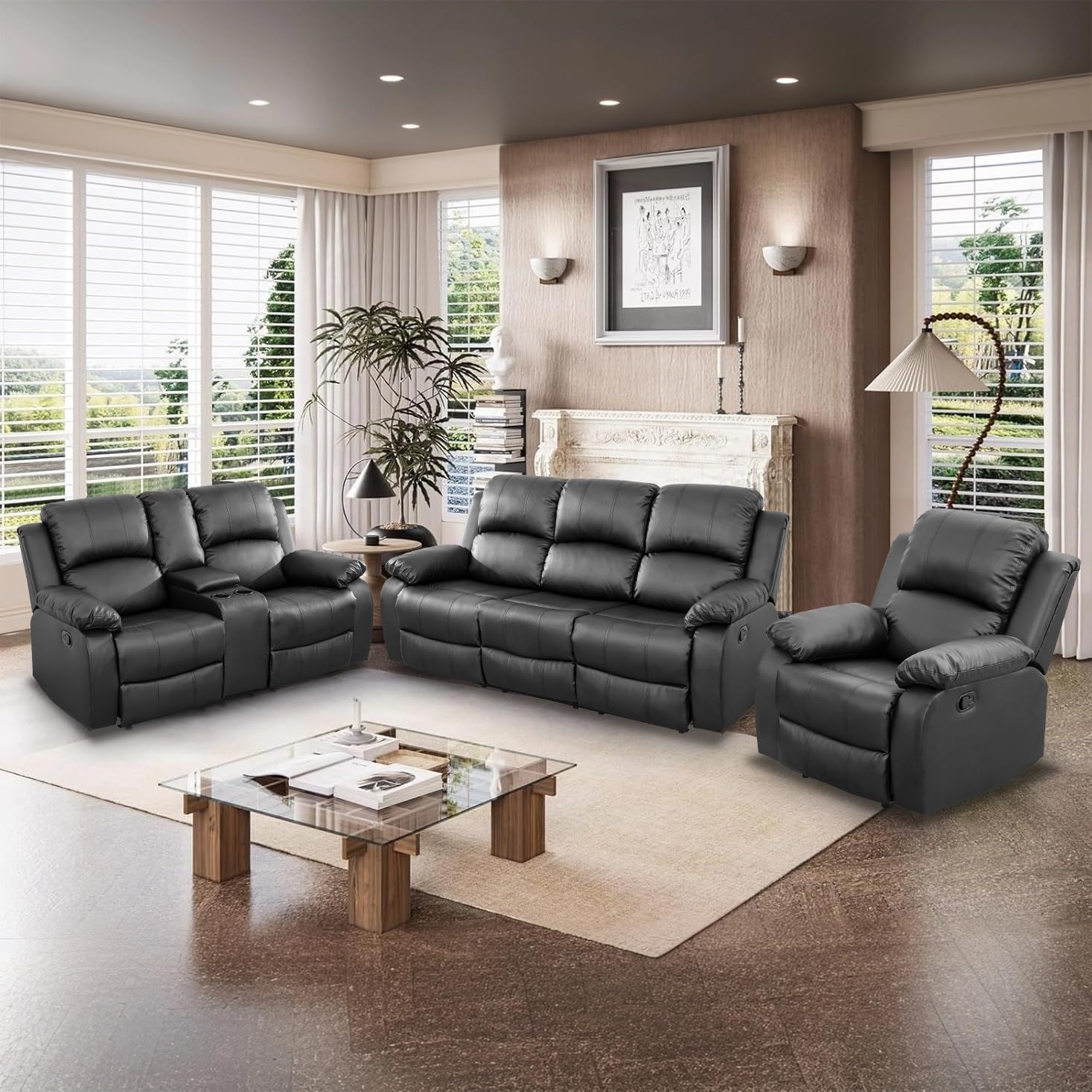 Manual Reclining Couch Sofa Set with Drop-Down Table, 3 Pieces Black Leather Recliner Couch Sets, Living Room Furniture Sets, Recliner Sofa with Storage Console/Cup Holder for Home/Apartment